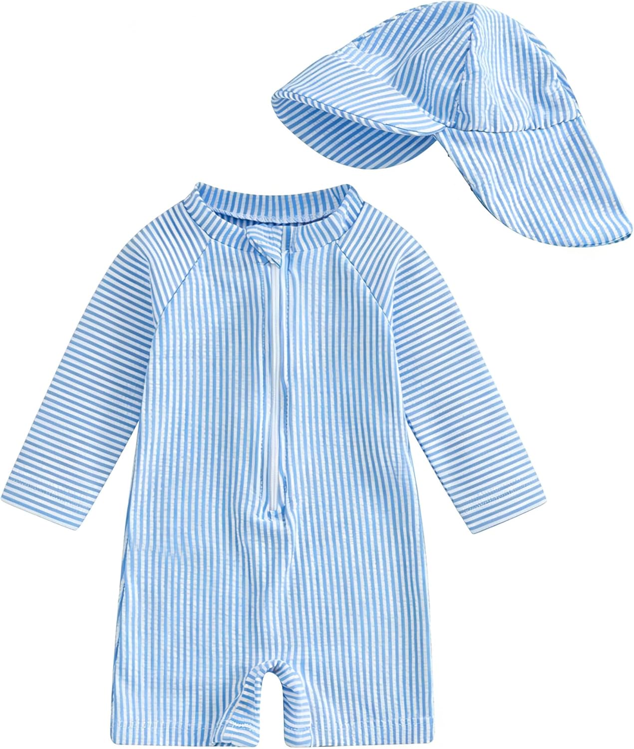 Thumbnail 4 de JiAmy Baby Boys Swimming Costume with Sun Hat Long Sleeve Zip Up Rash Guard