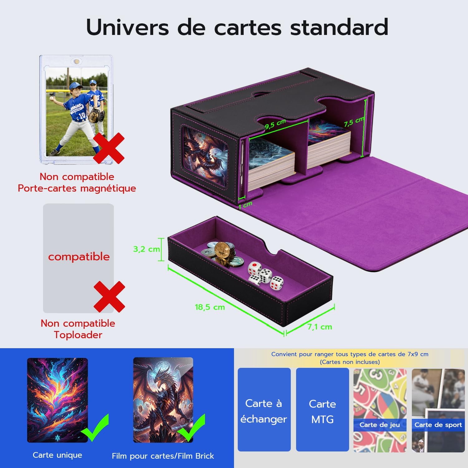 Detalle de Tolesum Boîte à cartes double couche MTG avec tiroir pour dés, 2 fenêtres latérales et fermeture magnétique (jusqu’à 300+ cartes) – Violet noir