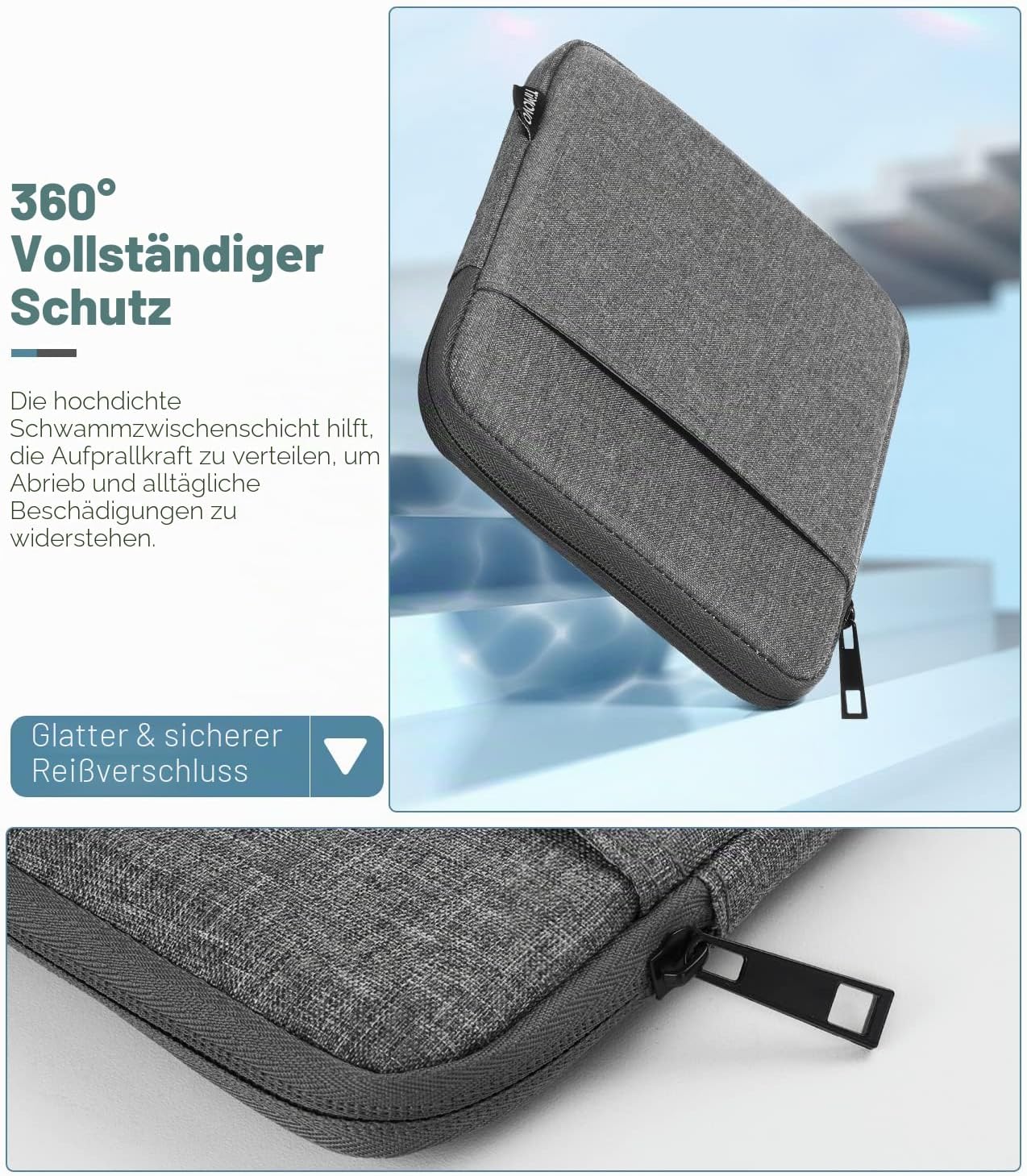Detalle 2 de TiMOVO Schutzhülle 6–7 Zoll für eReader – Stoßfeste Sleeve mit Reißverschluss, Dunkelgrau