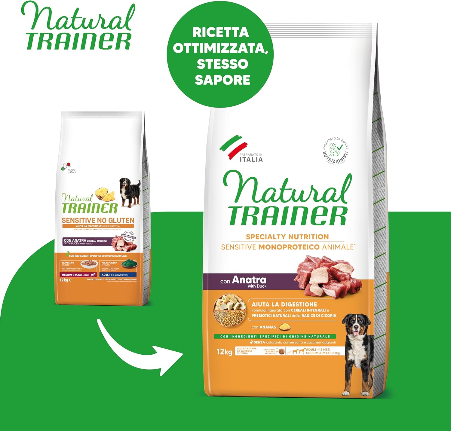 Detalle 2 de Natural Trainer Sensitive No Gluten: cibo per cani adulti all’anatra e cereali integrali, 12 kg