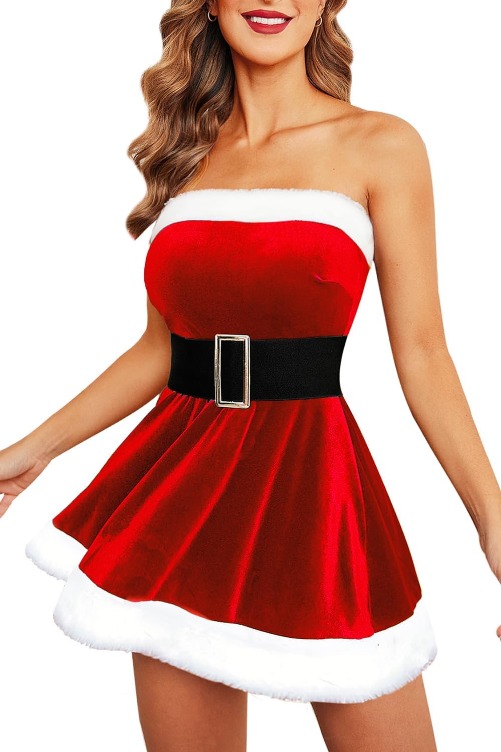 Detalle de Ensemble de lingerie de Noël Avidlove – Robe et nuisette en velours avec ceinture