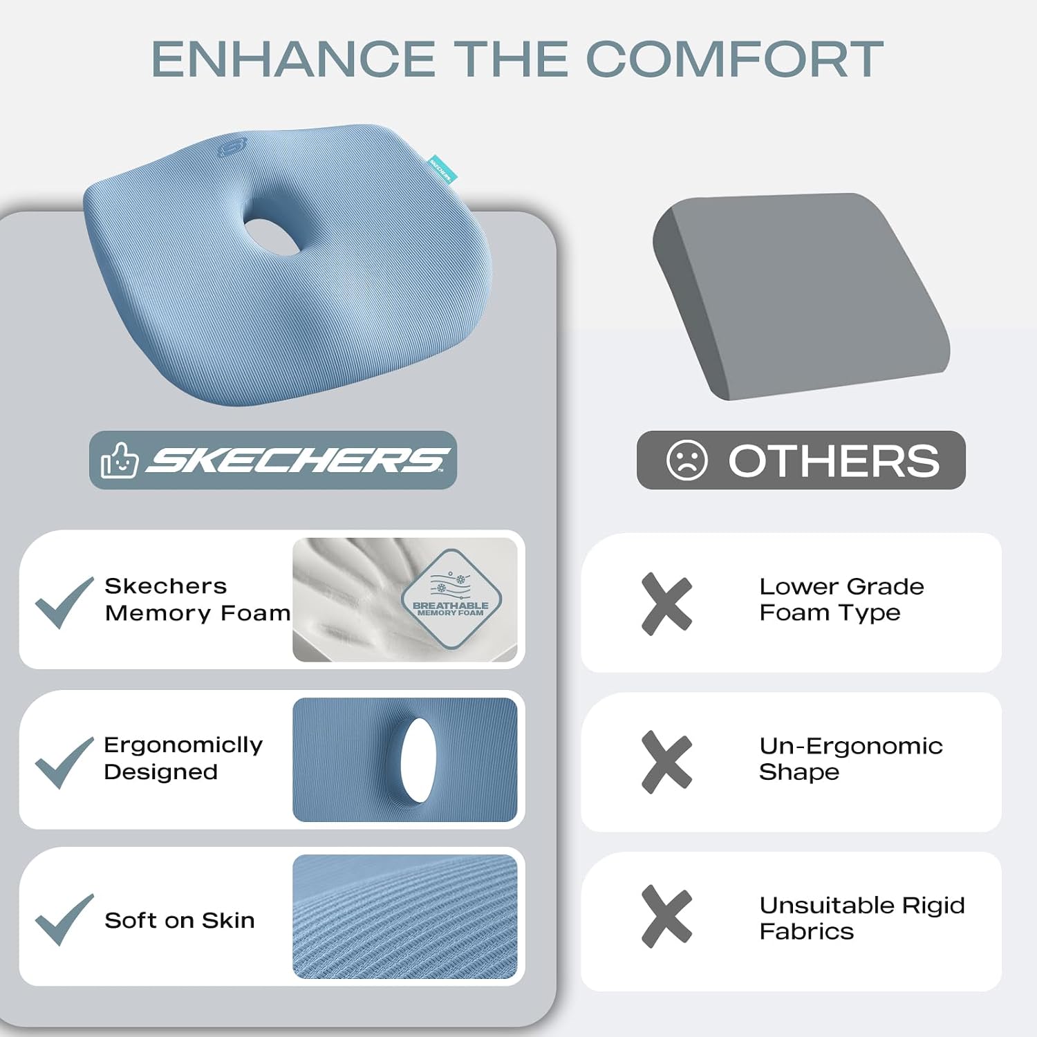 Detalle 2 de Skechers Memory Foam Seat Cushion, Blue, with Washable Cover and Non-Slip Base