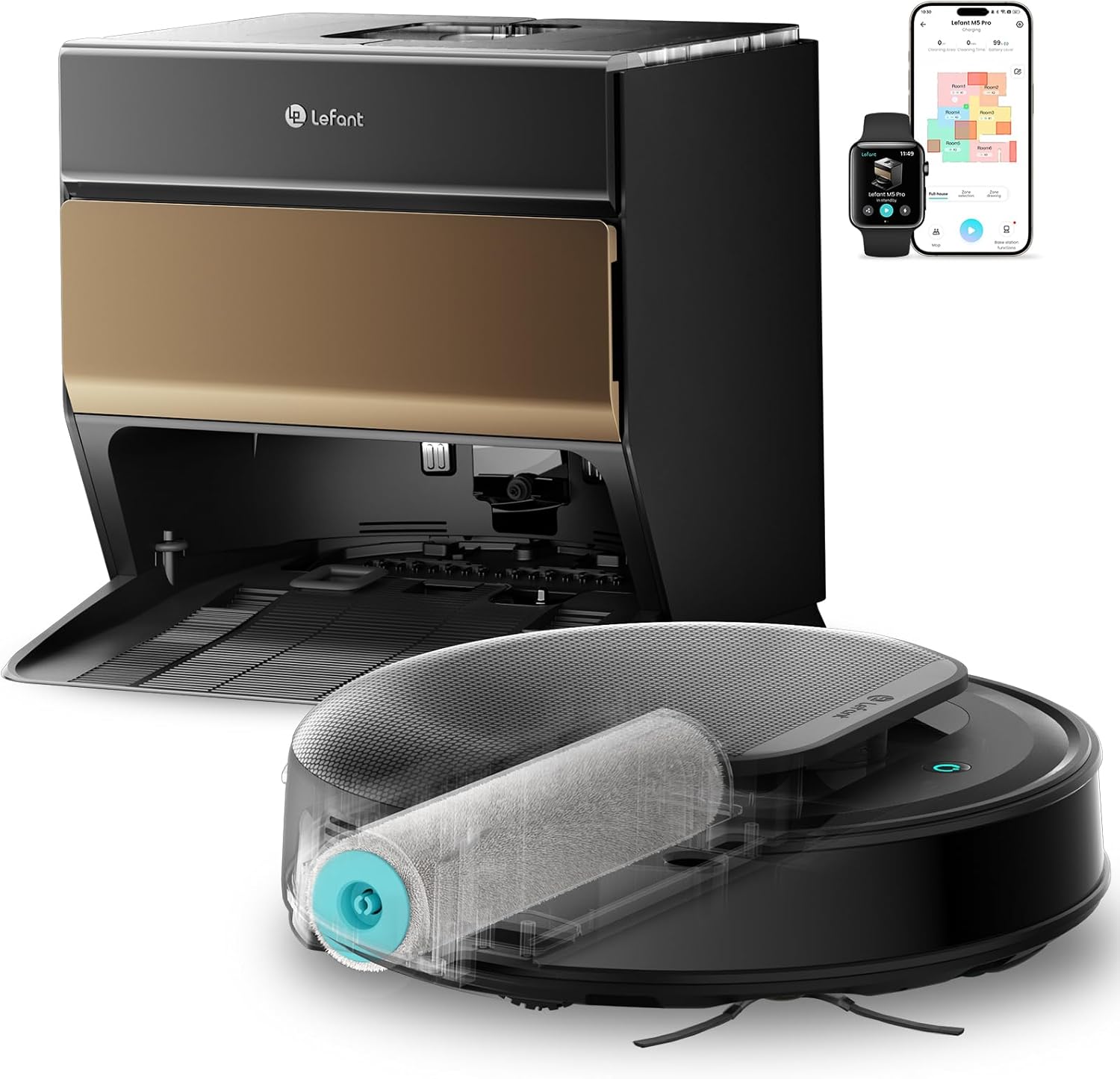 Detalle de Lefant M5Pro – Robot aspirateur et laveur 18 000 Pa, lavage à l’eau chaude et base auto-nettoyante