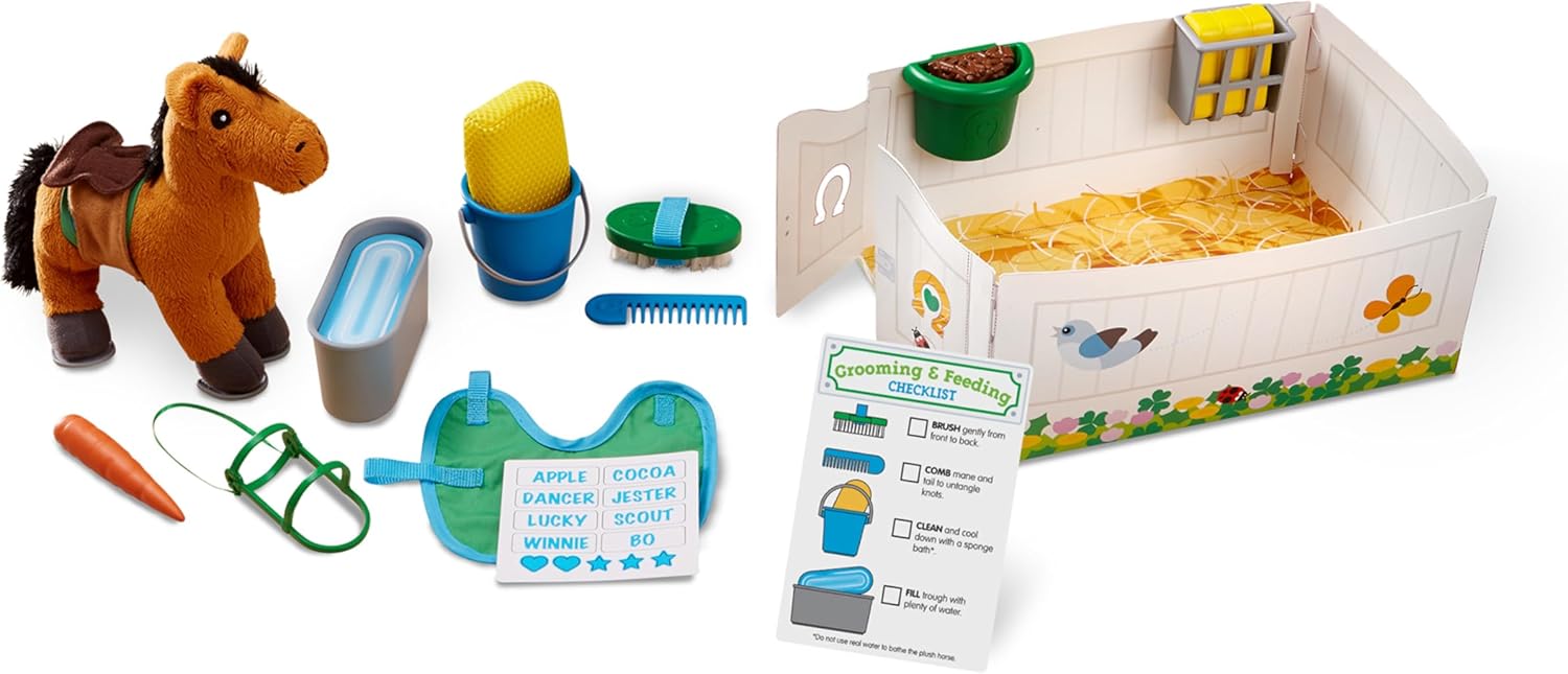 Detalle de Melissa & Doug Feed & Groom Horse Care Play Set with Plush Horse (23 pcs)