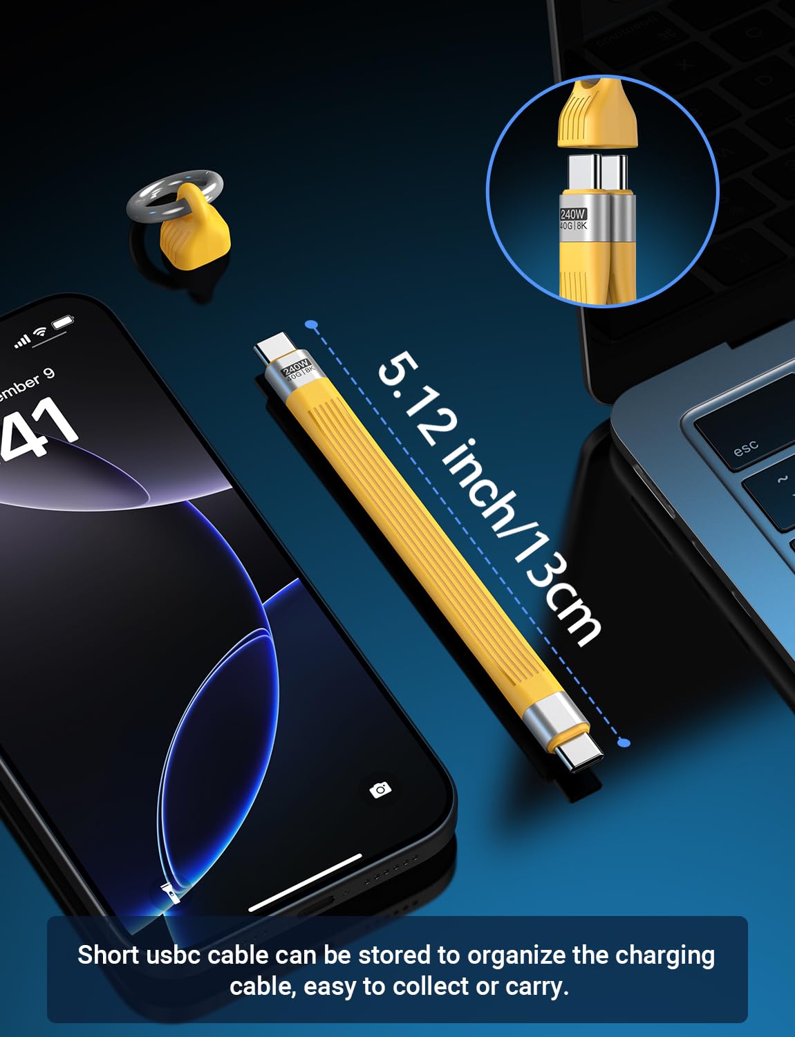 Thumbnail 6 de VAFOTON 240W Short USB-C Cable (6-inch) — USB-C to USB-C, 40Gbps, 8K60, Thunderbolt 3/4 Compatible