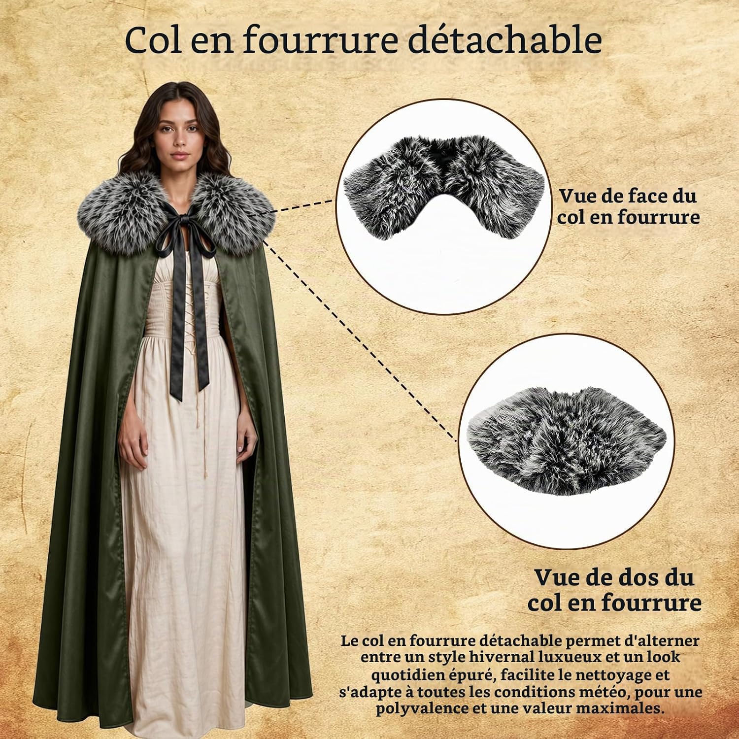 Detalle 2 de HZVRTN Viking-cape met bontkraag voor middeleeuwse cosplay en Halloween