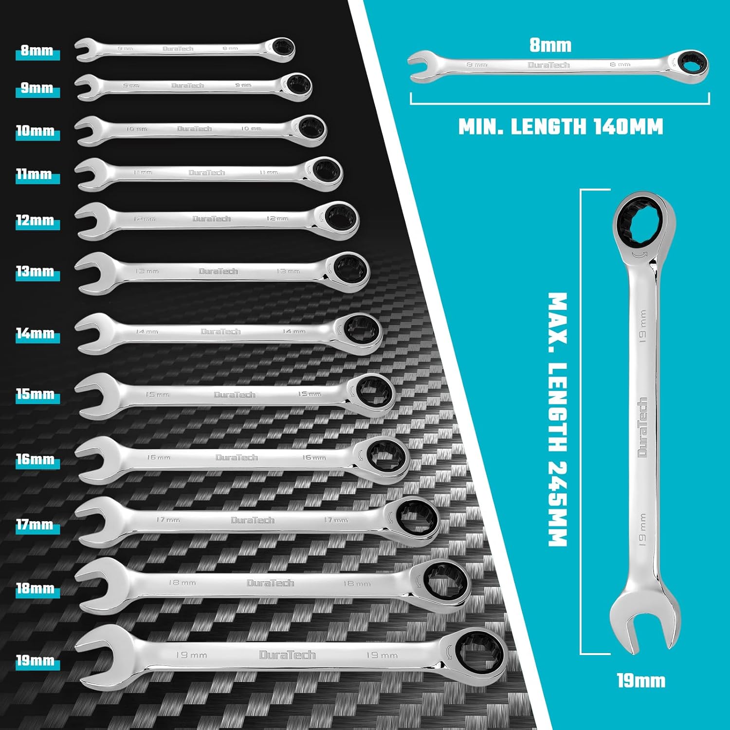Detalle 2 de DURATECH Lot de 12 Clés Plates à Cliquet 8–19 mm – Ensemble robustes avec coffret serti