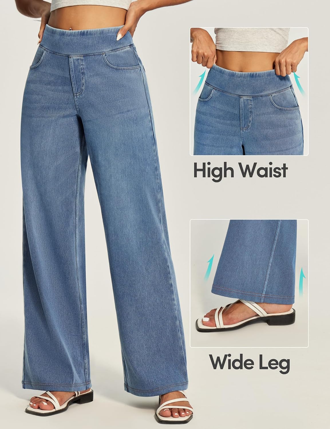 Detalle de IUGA High-Waisted Wide-Leg Pull-On Jeans for Women, Stretch Denim, 4 Pockets