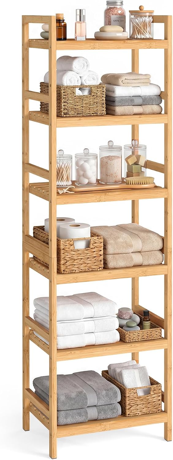 SONGMICS Bamboo Storage Shelf 6-Tier 30 x 43 x 173 cm – Natural Beige