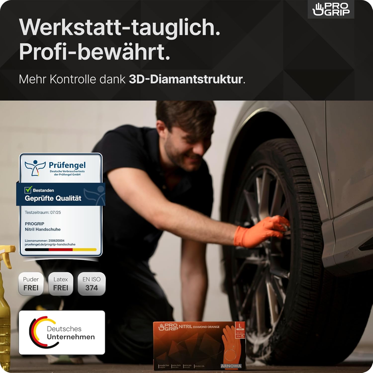 Thumbnail 3 de ARNOMED PROGRIP Einweghandschuhe „Diamant Grip“ Nitril Extra stark, orange – Gr. M (50 Stk. im Karton)