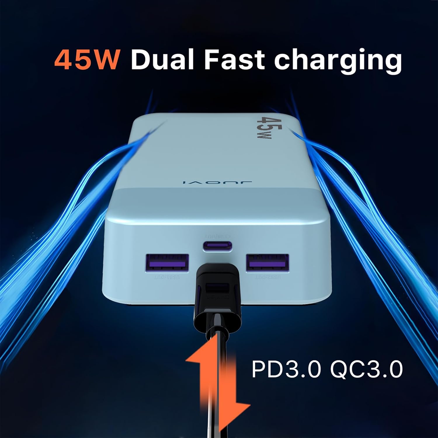 Detalle 2 de JUOVI Power Bank 20000 mAh 45W con ricarica rapida, 4 porte e display LED (Blu)