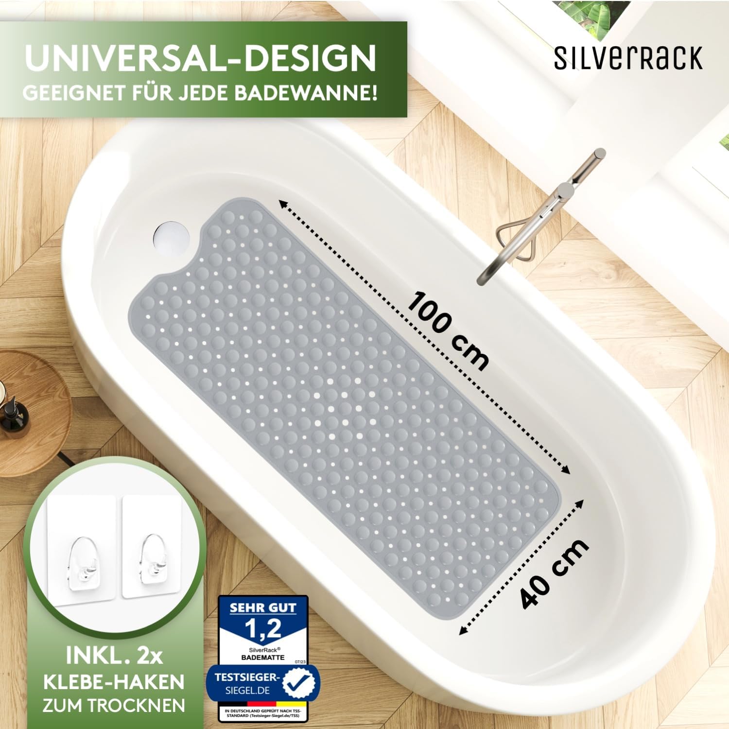 Detalle de SilverRack Badewannenmatte 100x40 cm Grau – Antirutschmatte für Badewanne