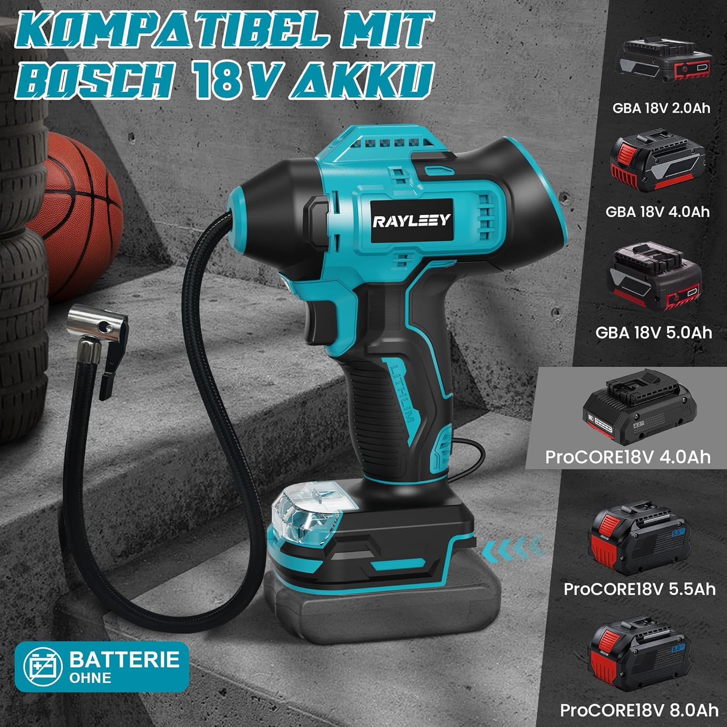 Detalle de RAYLEEY Akku-Kompressor für BOSCH 18V GBA/GBA ProCORE – 11 Bar, automatische Abschaltung
