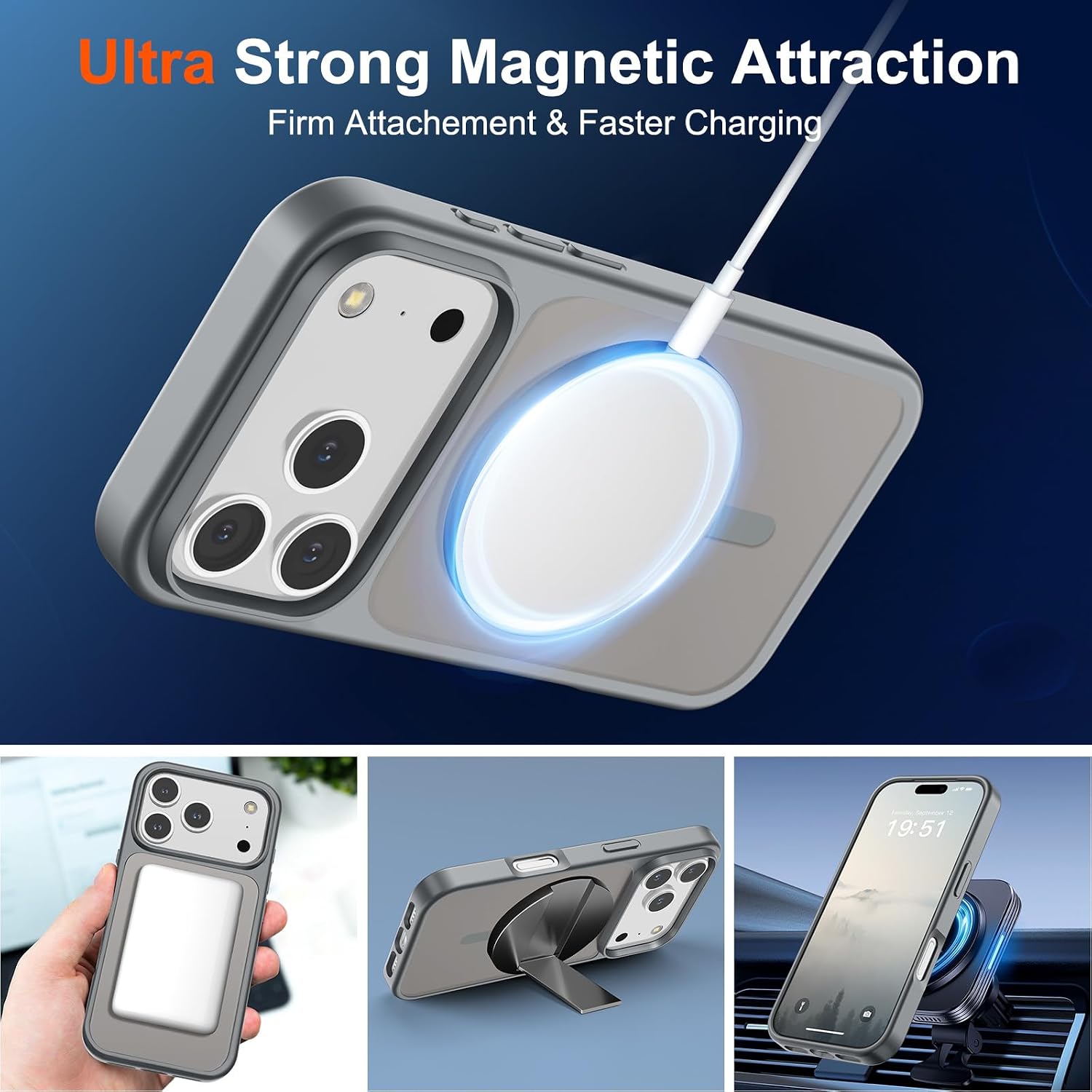 Detalle de SUPFINE Magnetic Case for iPhone 17 Pro (MagSafe Compatible) — Military-Grade Drop Protection, Matte Translucent Gray
