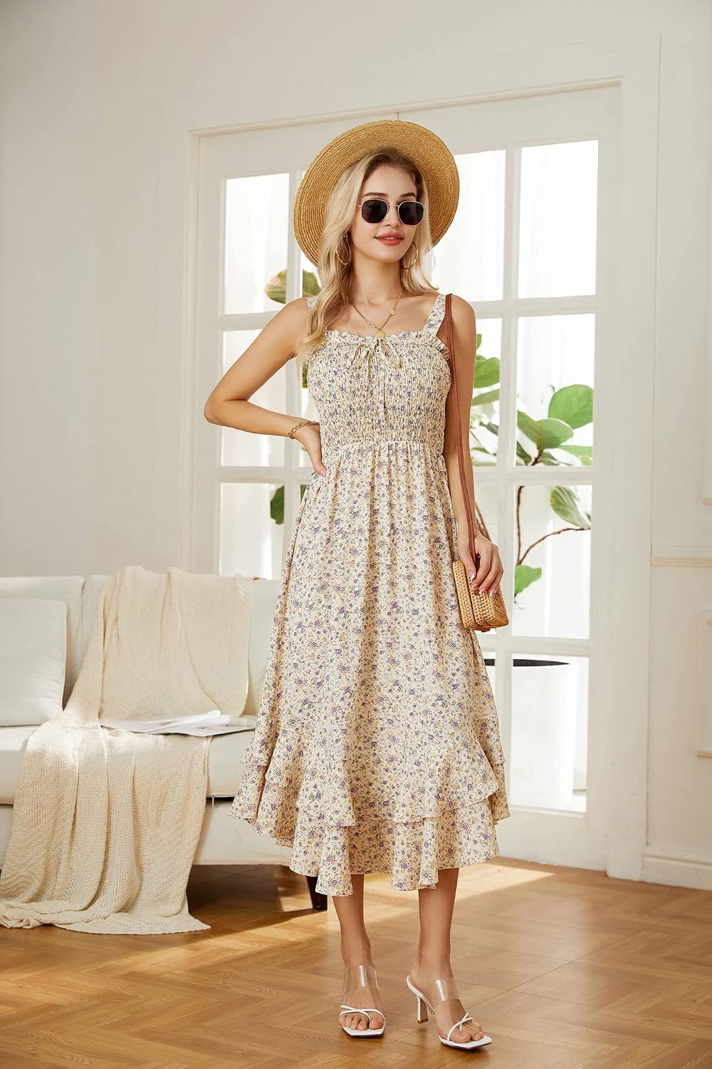 Detalle 2 de GRACE KARIN Damen langes Blumenkleid Ärmellos Spaghettiträger – Maxikleid für Strand, Freizeit & Urlaub