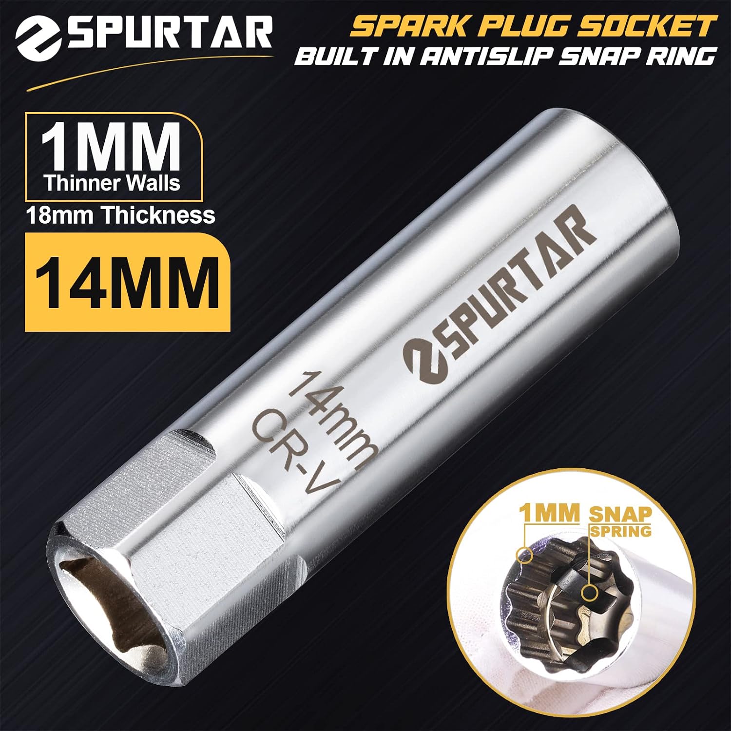 Detalle 2 de Spurtar 14 mm tändstiftsuttag med 12-kant, tunn vägg och fjäderhållare