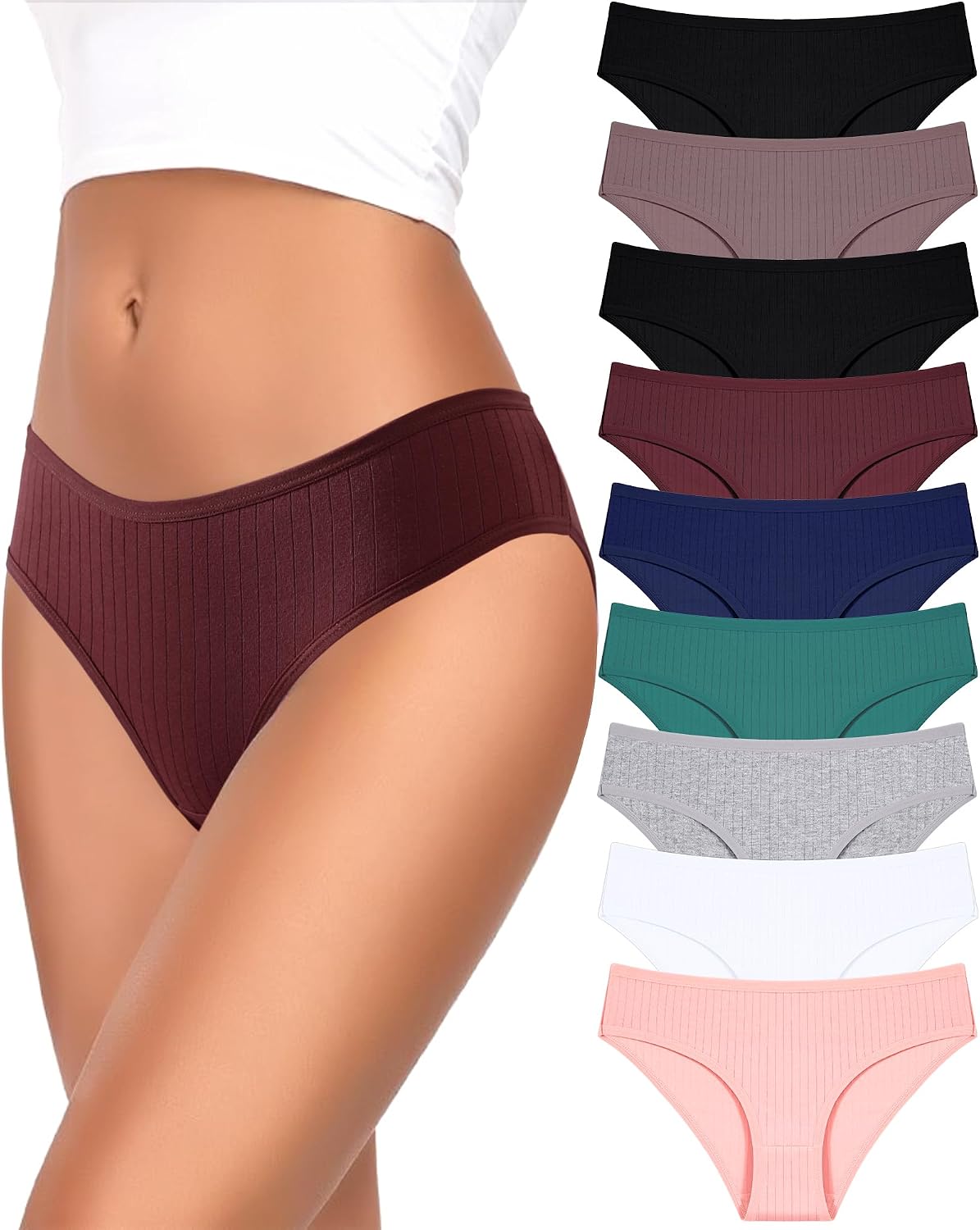 Detalle de FINETOO 9-Pack Cotton Women's Low-Rise Ribbed Hipster Underwear, S–3XL