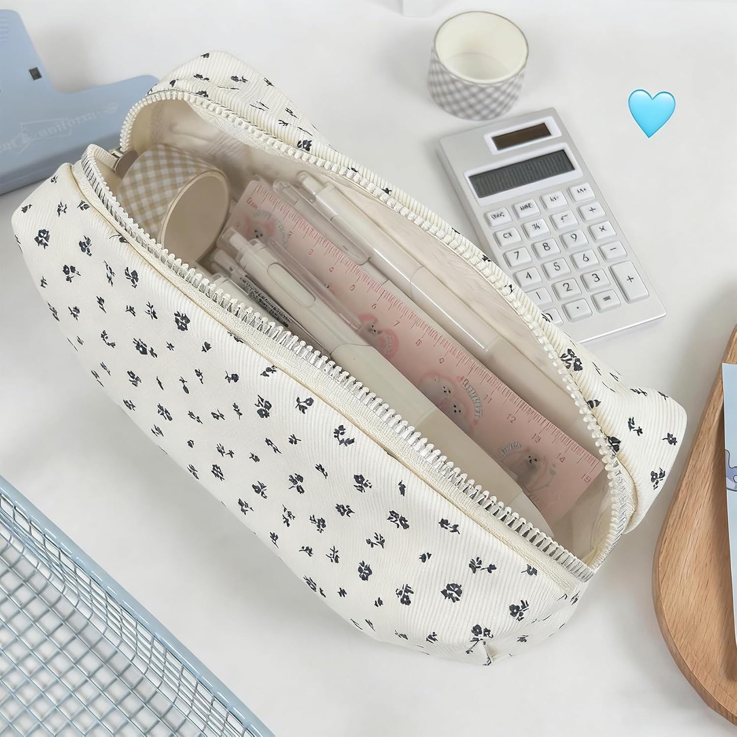 Thumbnail 4 de ANBOO 2Pcs Floral Pencil Case Set – White Canvas with Blue Flowers