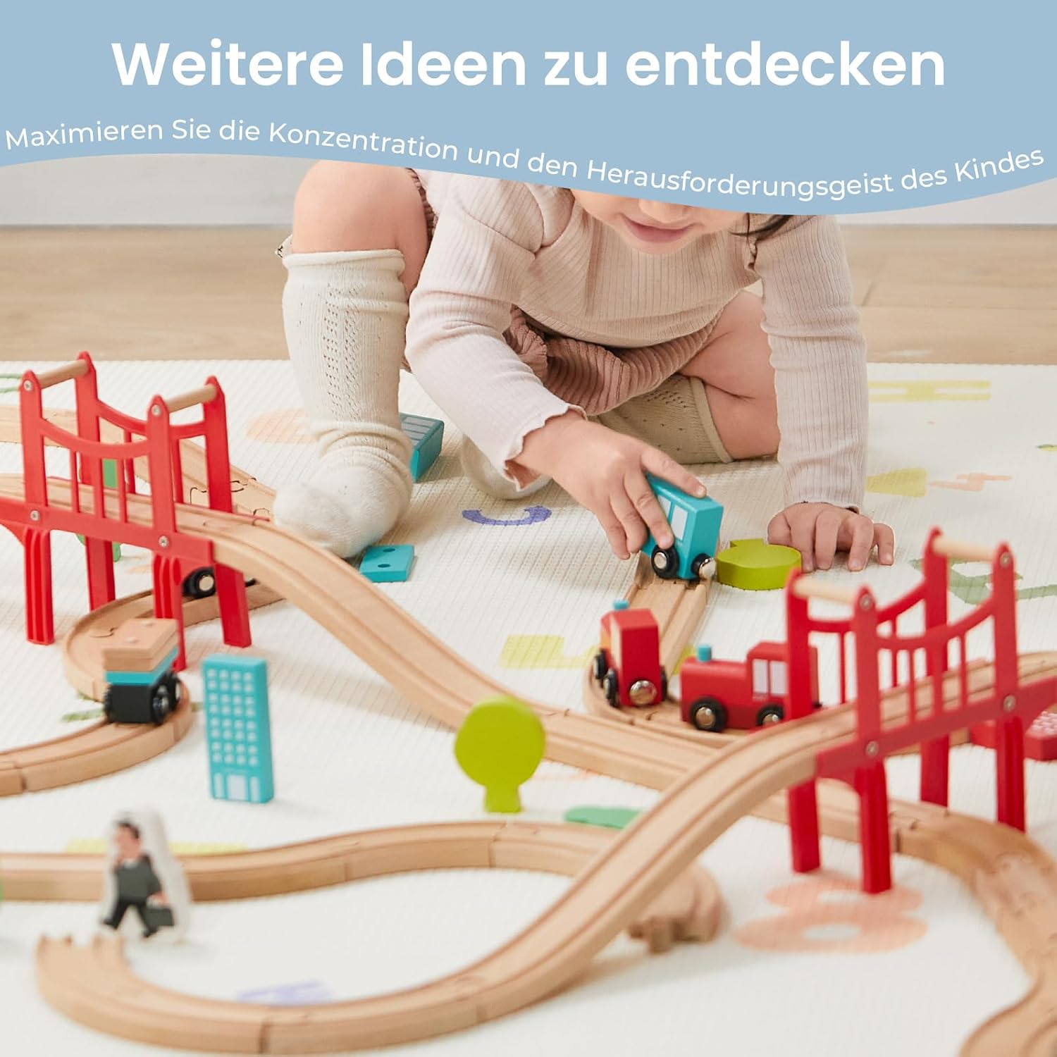 Detalle 2 de Tiny Land Holz-Eisenbahn-Set 39-teilig mit Schienen, Brücke und Figuren (ab 3 Jahren)