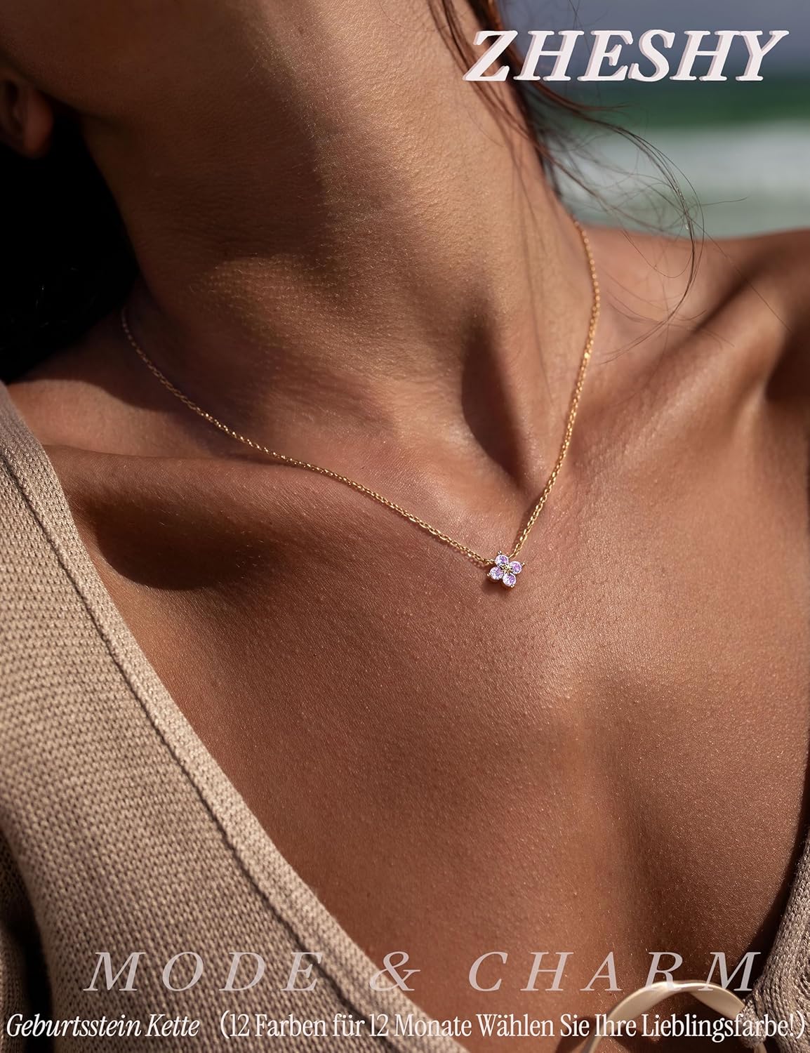 Thumbnail 4 de ZHESHY Collier Femme Or Plaqué 14K avec Trefle à 4 Feuilles et Zircone Cubique