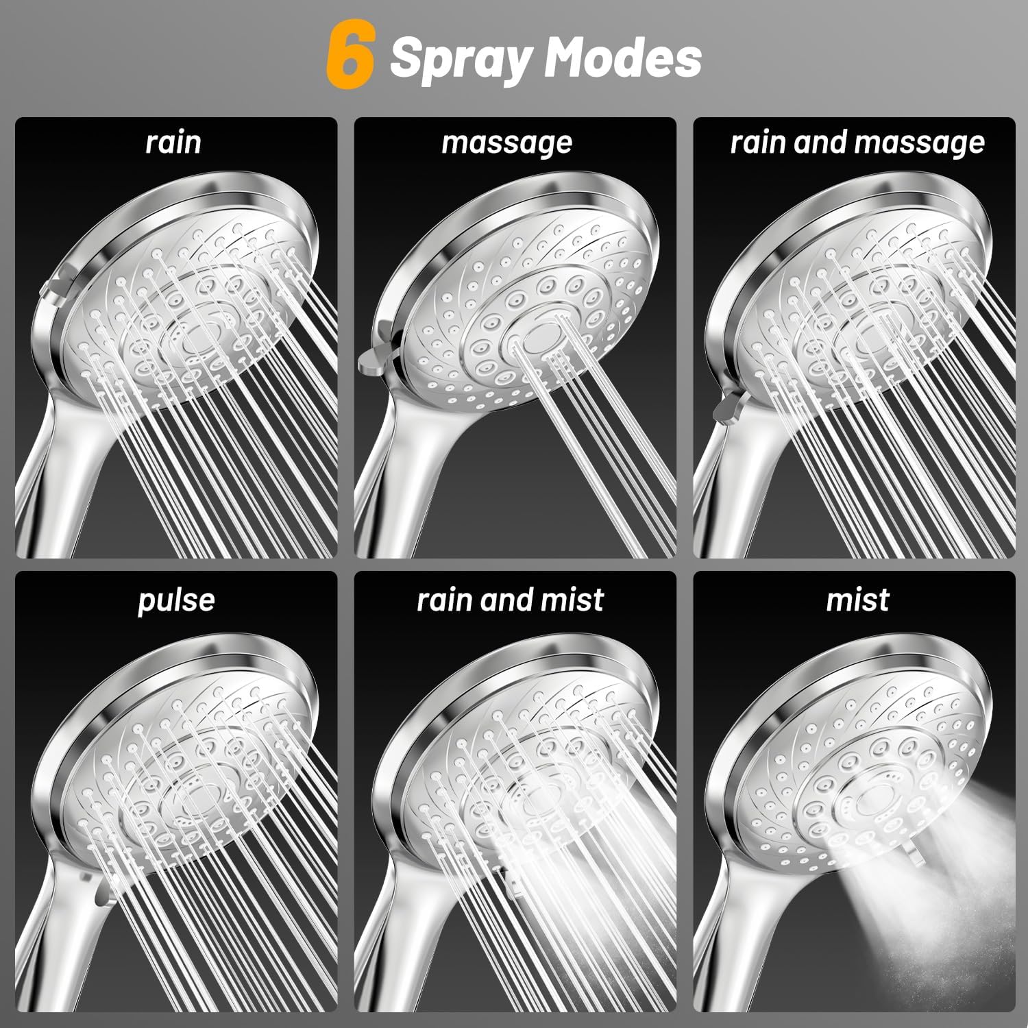 Detalle de VEHHE LDDGCA-SLR Handheld Shower Head, 6 Spray Modes, Silver