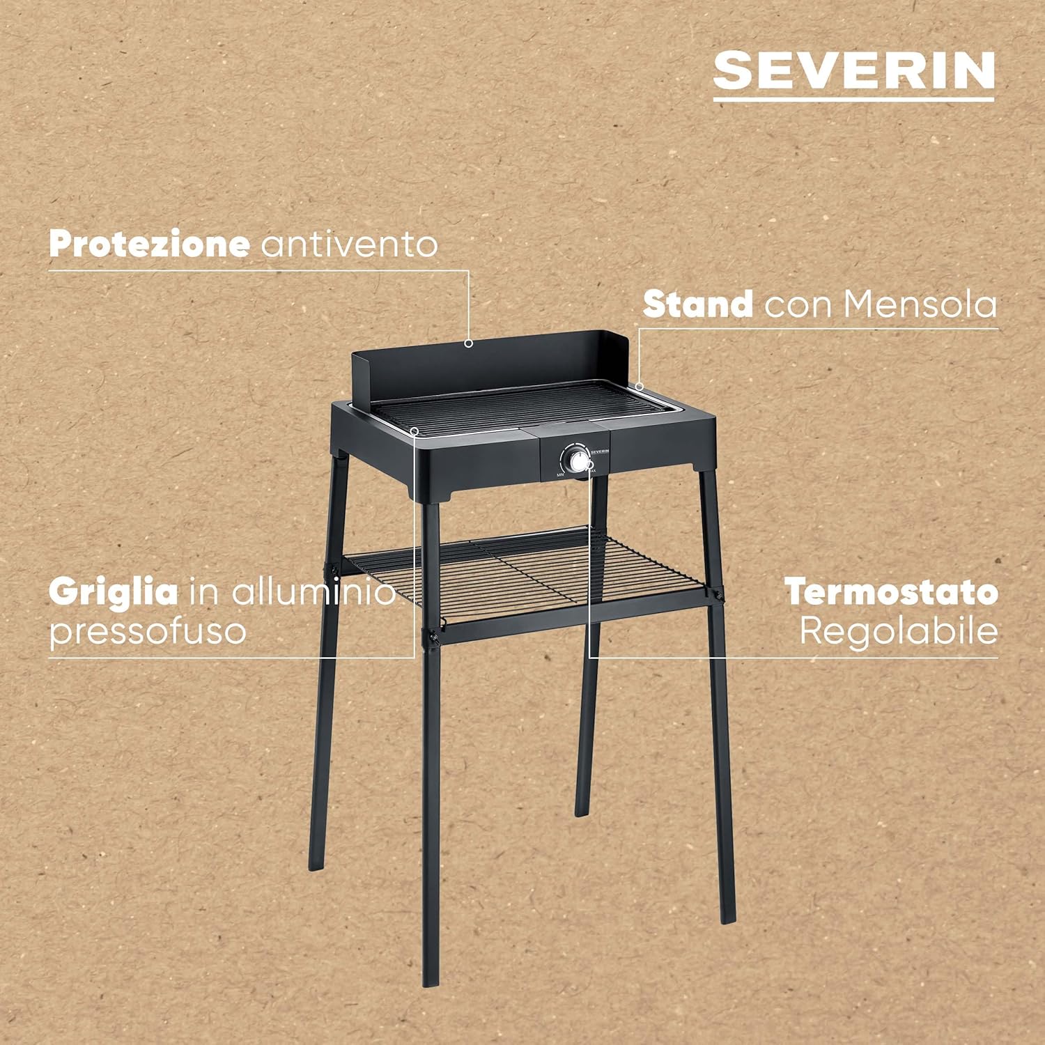 Thumbnail 3 de SEVERIN PG 8568 Barbecue elettrico 2200W in alluminio pressofuso con stand e piastra zigrinata
