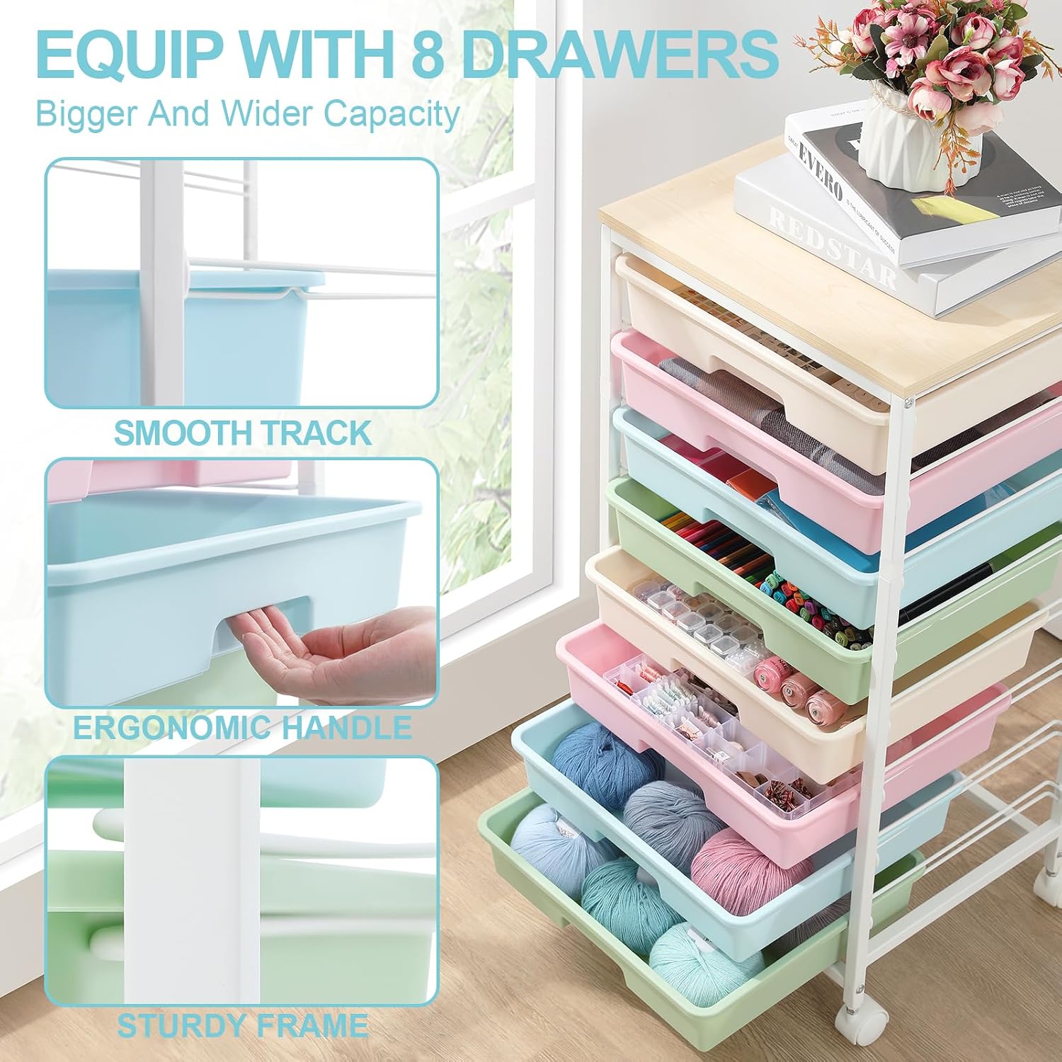 Detalle de SYKIARIOL 1250-1 Rainbow Rolling Cart with 8 Drawers and Wooden Top