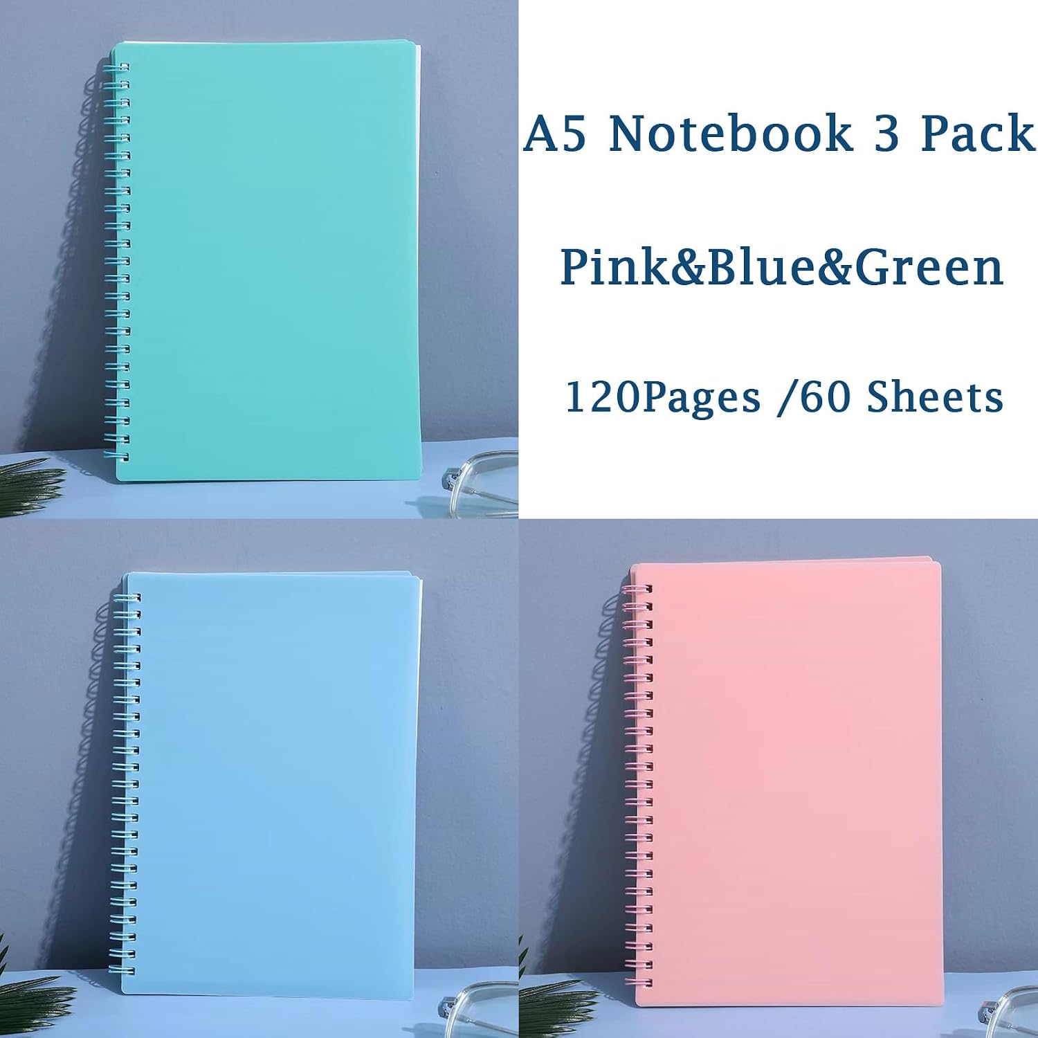 Detalle de DDUP 3 Pack A5 Spiral Notebooks with Waterproof Matte Plastic Cover (Lined, 8mm) – Blue, Pink & Green
