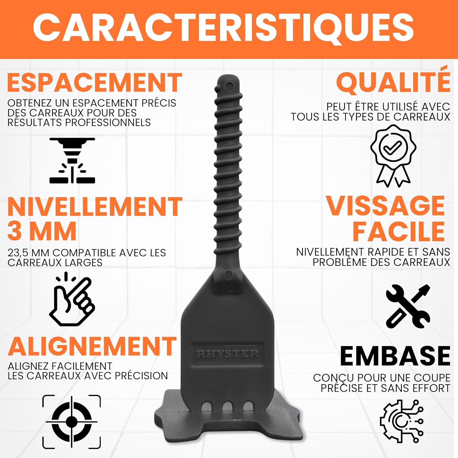 Detalle de RHYSTER Kit Croisillons Autonivelants 3 mm – Starter Pack (302 unités) pour Pose Carrelage