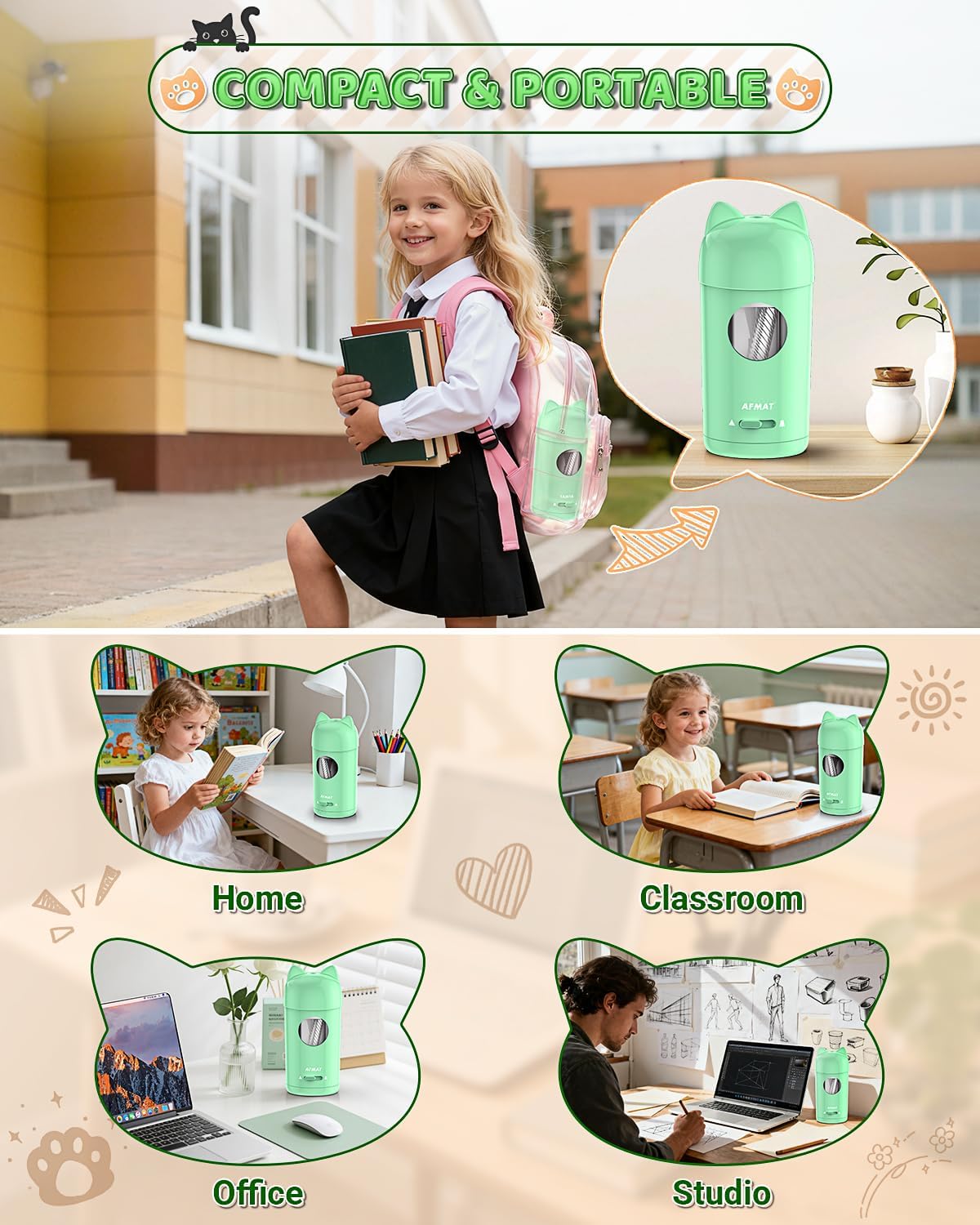 Thumbnail 6 de AFMAT Fully Automatic Electric Pencil Sharpener with Cat-Ear Design (Green PSX9) for 7–8mm Pencils