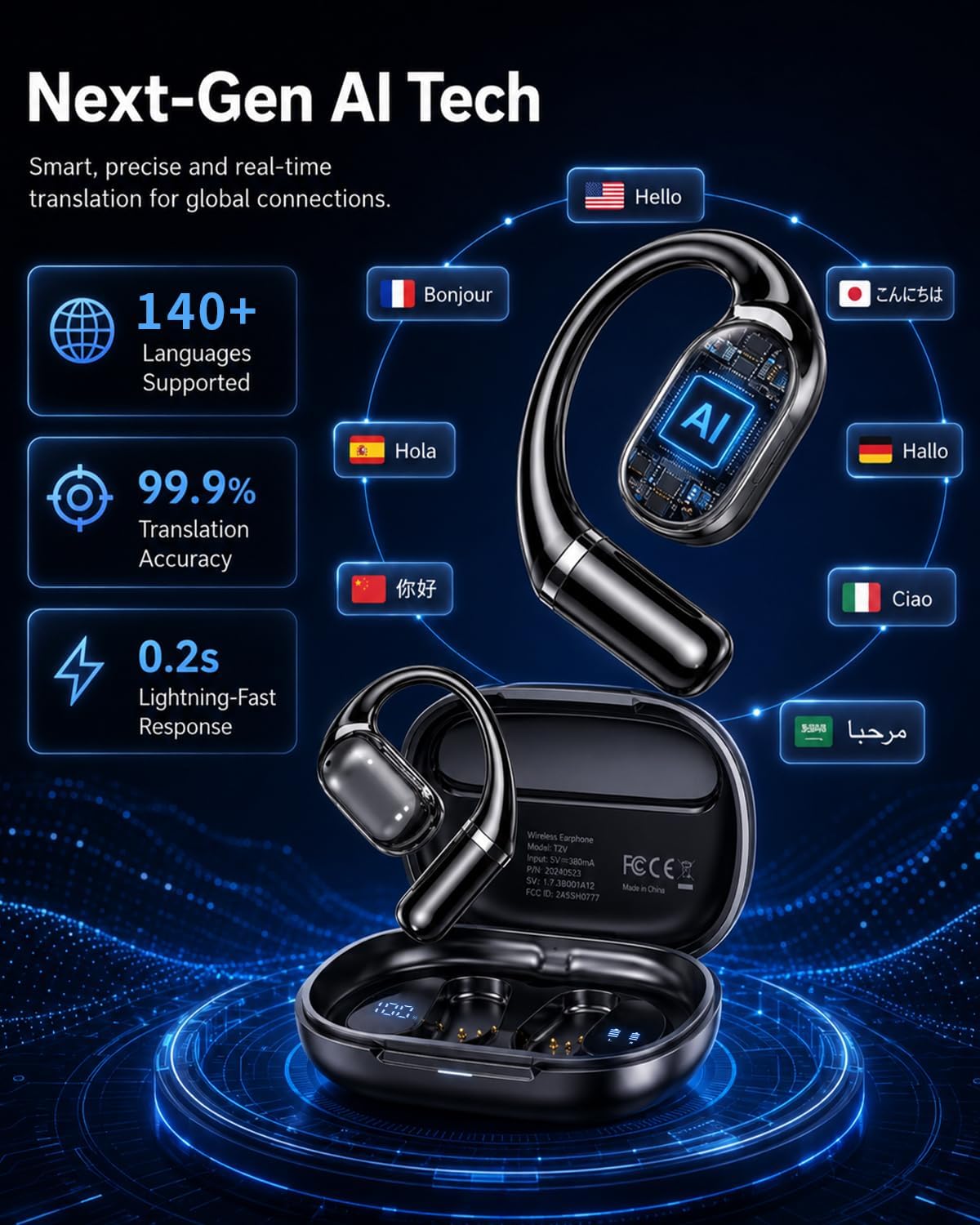 Detalle de WHYKJTEK T22 AI Translation Earbuds, 141+ Languages, Open-Ear Design
