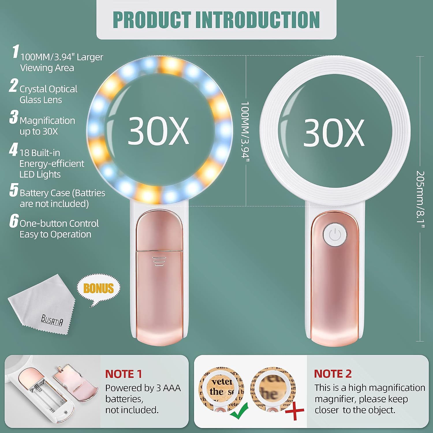 Detalle 2 de BUSATIA Lente di Ingrandimento 30X Illuminata con 18 LED e vetro ottico