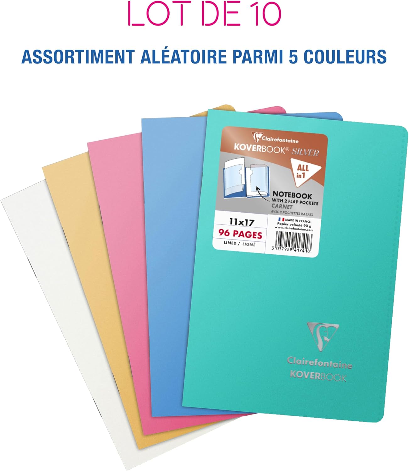 Detalle de Clairefontaine 941741C Lot de 10 Carnets Agrafés Koverbook Silver – 11x17 cm, 96 pages, blank/ ruled, couverture polyprop imperméable