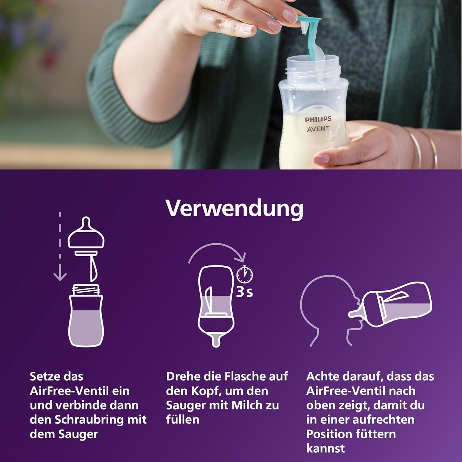 Thumbnail 6 de Philips AVENT Babyflaschen mit AirFree Ventil – Geschenkset SCD657/11 (4er Set) inklusive ultra soft Schnuller und Flaschenbürste