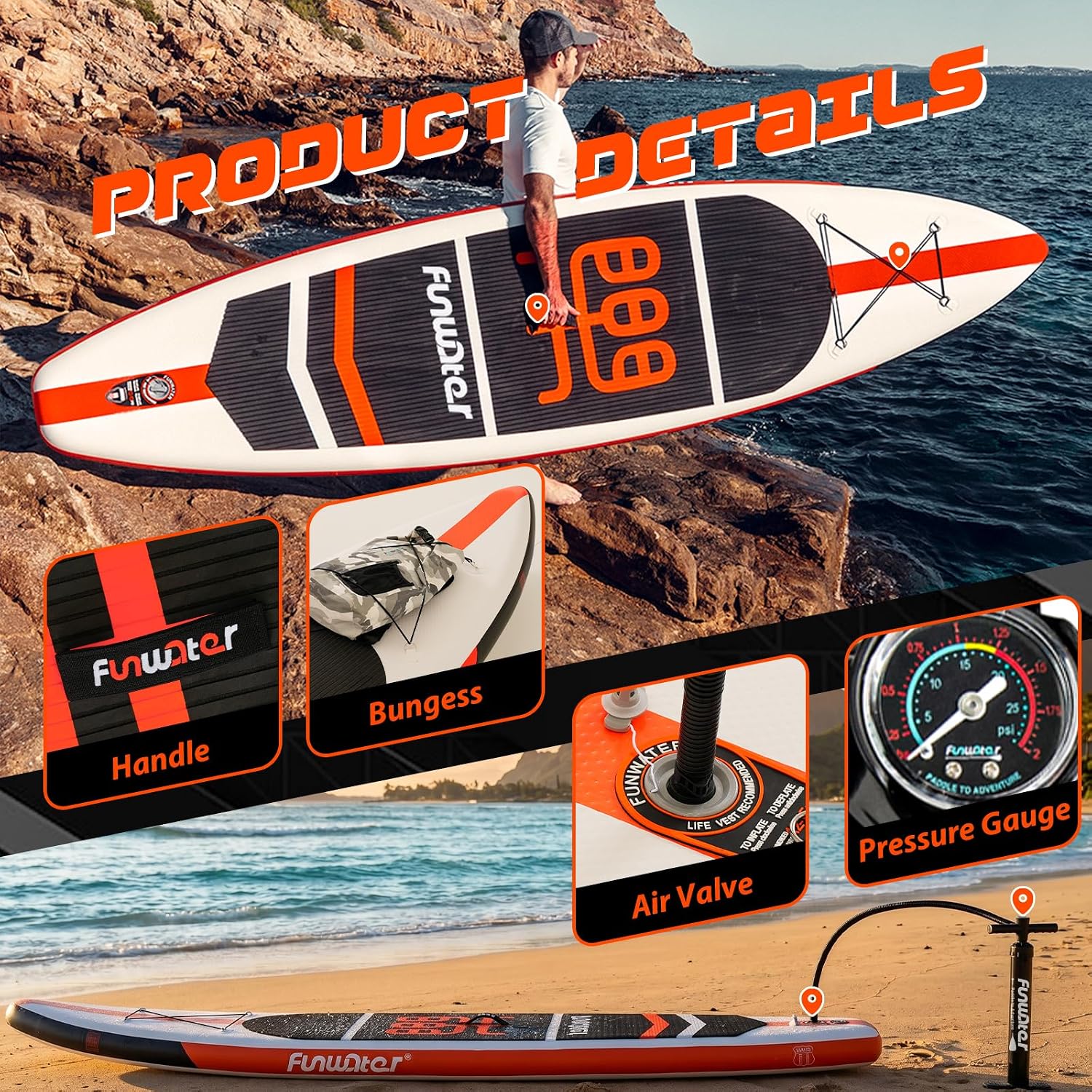 Detalle 2 de FunWater 10'6"–11'6" SUP Board – aufblasbares Allround-Stand-Up-Paddleboard für Einsteiger & Familien