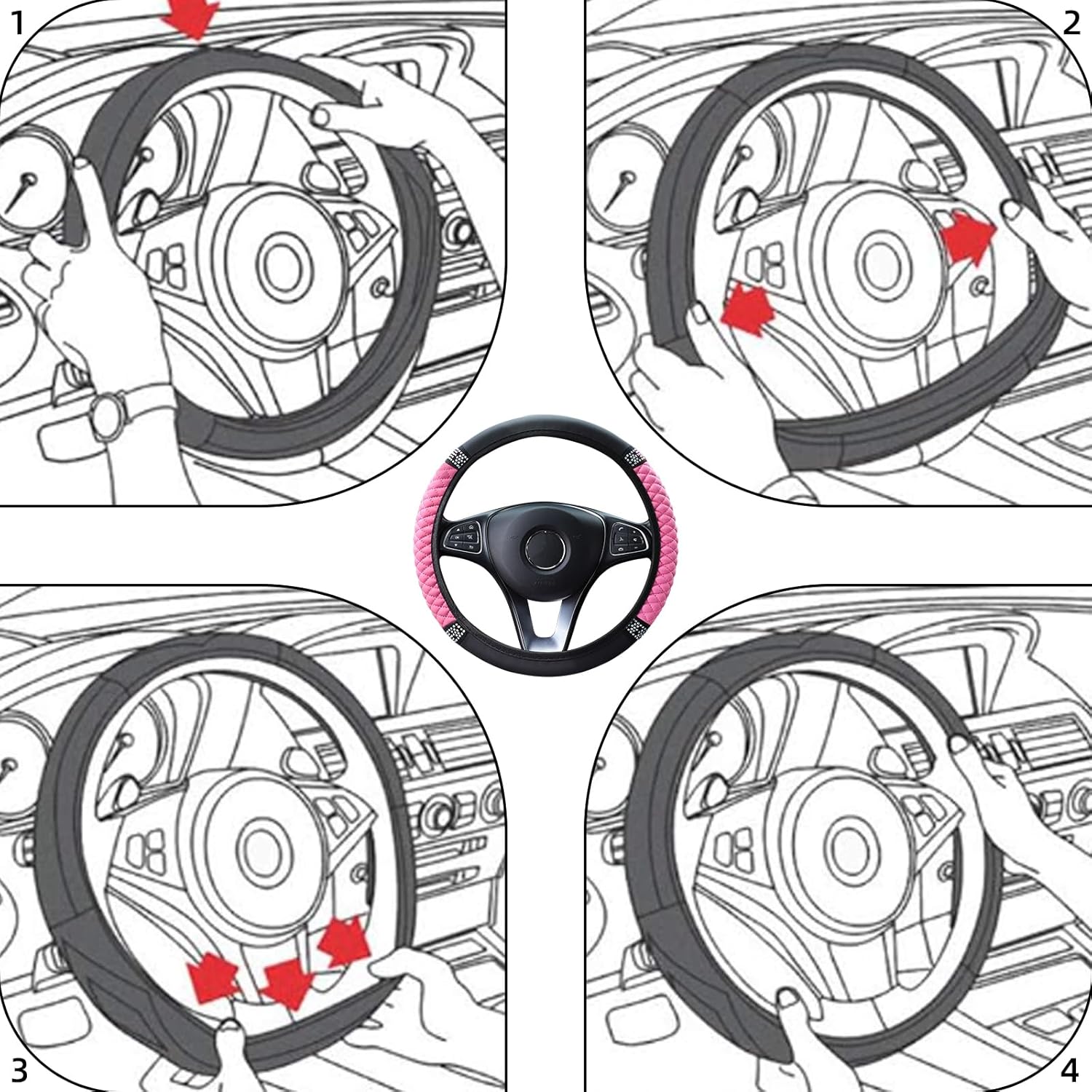 Thumbnail 4 de VidFair Steering Wheel Cover, Universal Size M (37–38 cm) in Pink with Bling Crystals