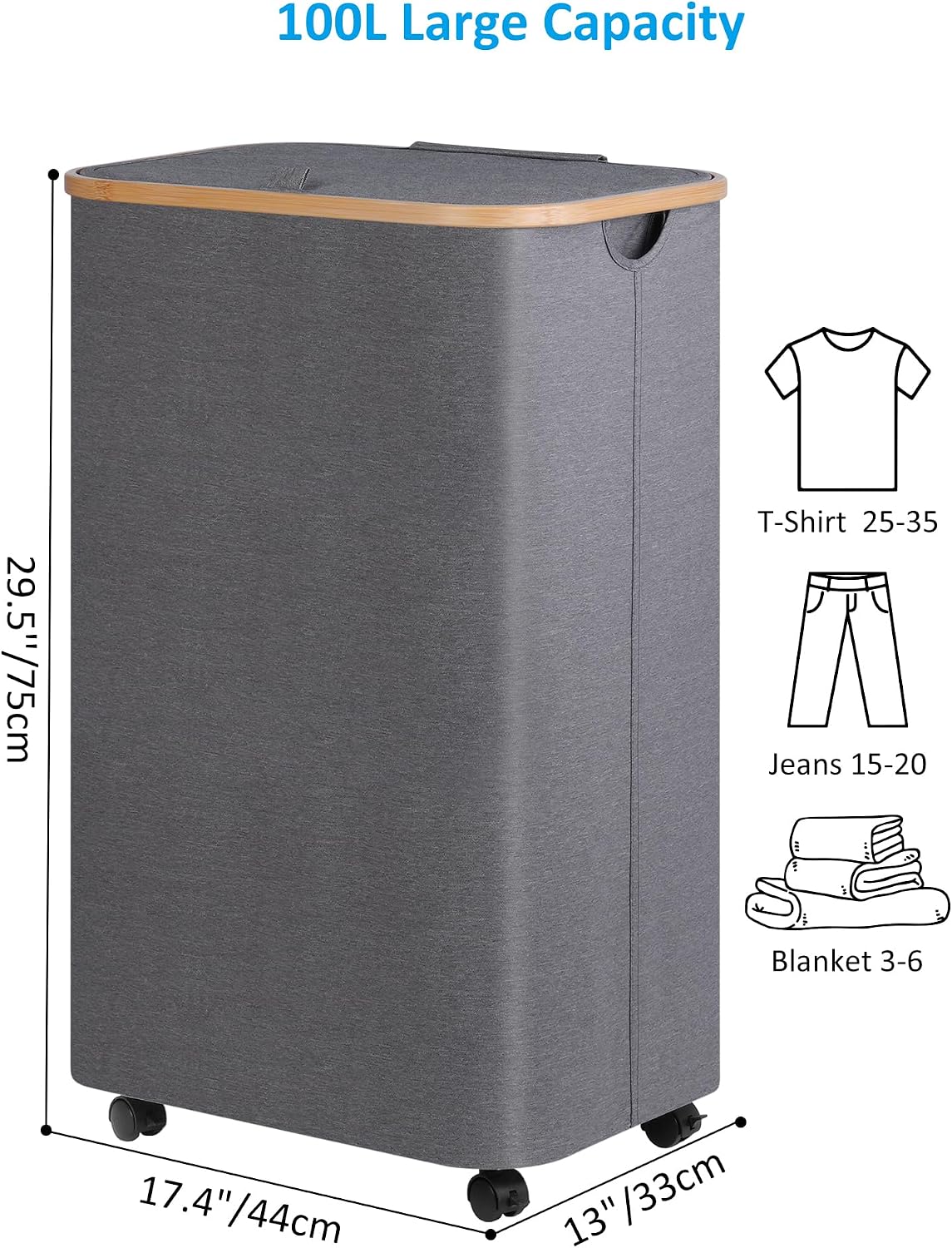 Detalle de efluky Wäschekorb mit Rollen 100L XL – Groß, langlebig & flexibel mit Deckel und herausnehmbarer Innentasche