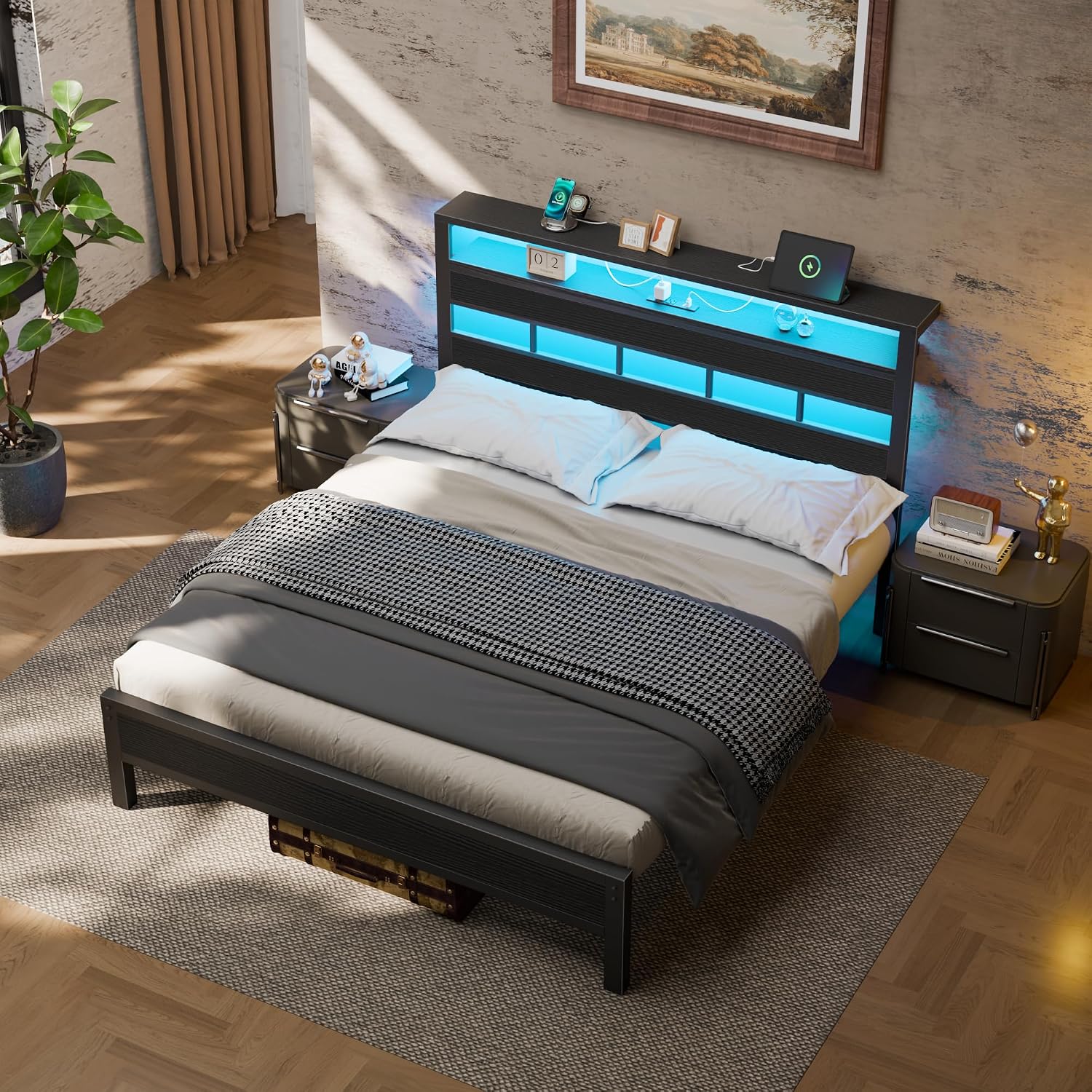 Detalle de Furnulem Queen Bed Frame, Black Oak