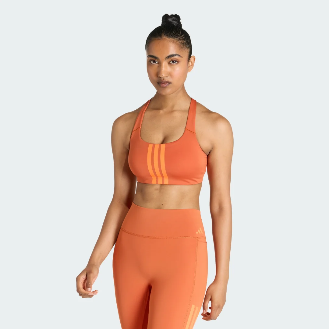 Detalle de Sujetador de entrenamiento Optime 3 Stripes de Adidas – impacto medio, color naranja