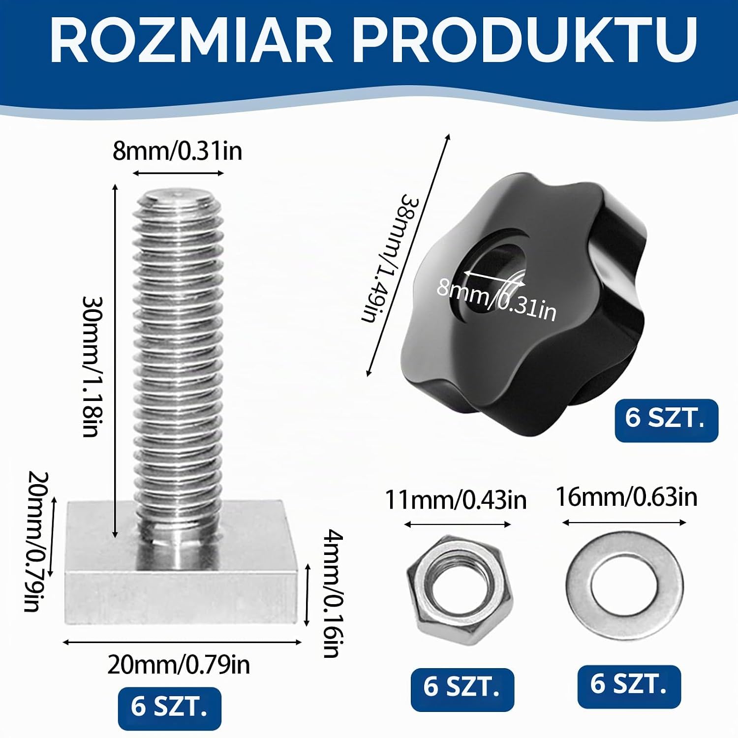 Detalle 2 de UESDU śruby z rowkiem T M8, 6 sztuk ze stali nierdzewnej, gwint 30 mm