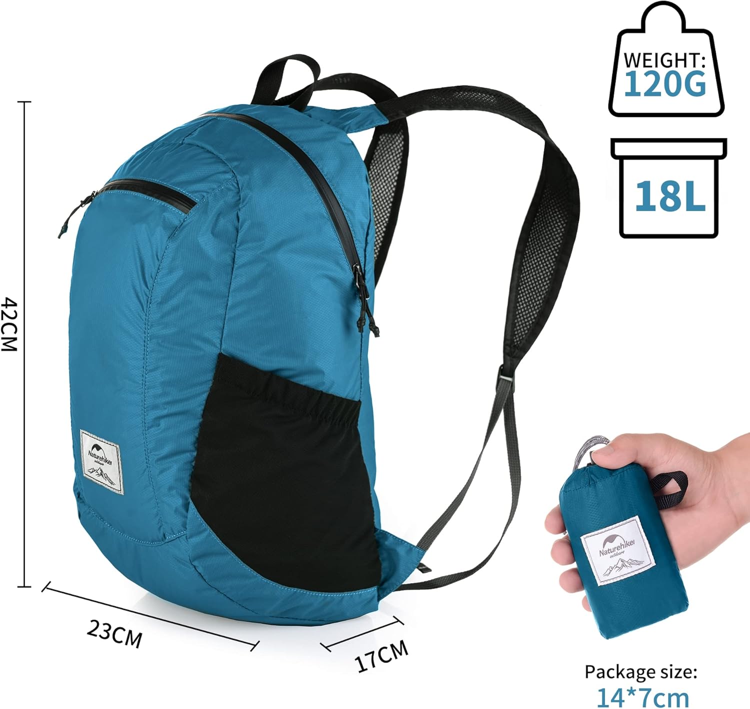 Thumbnail 4 de Naturehike 30D Nylon Ultra léger Sac à dos Pliable Étanche 18L (Bleu Glacier)