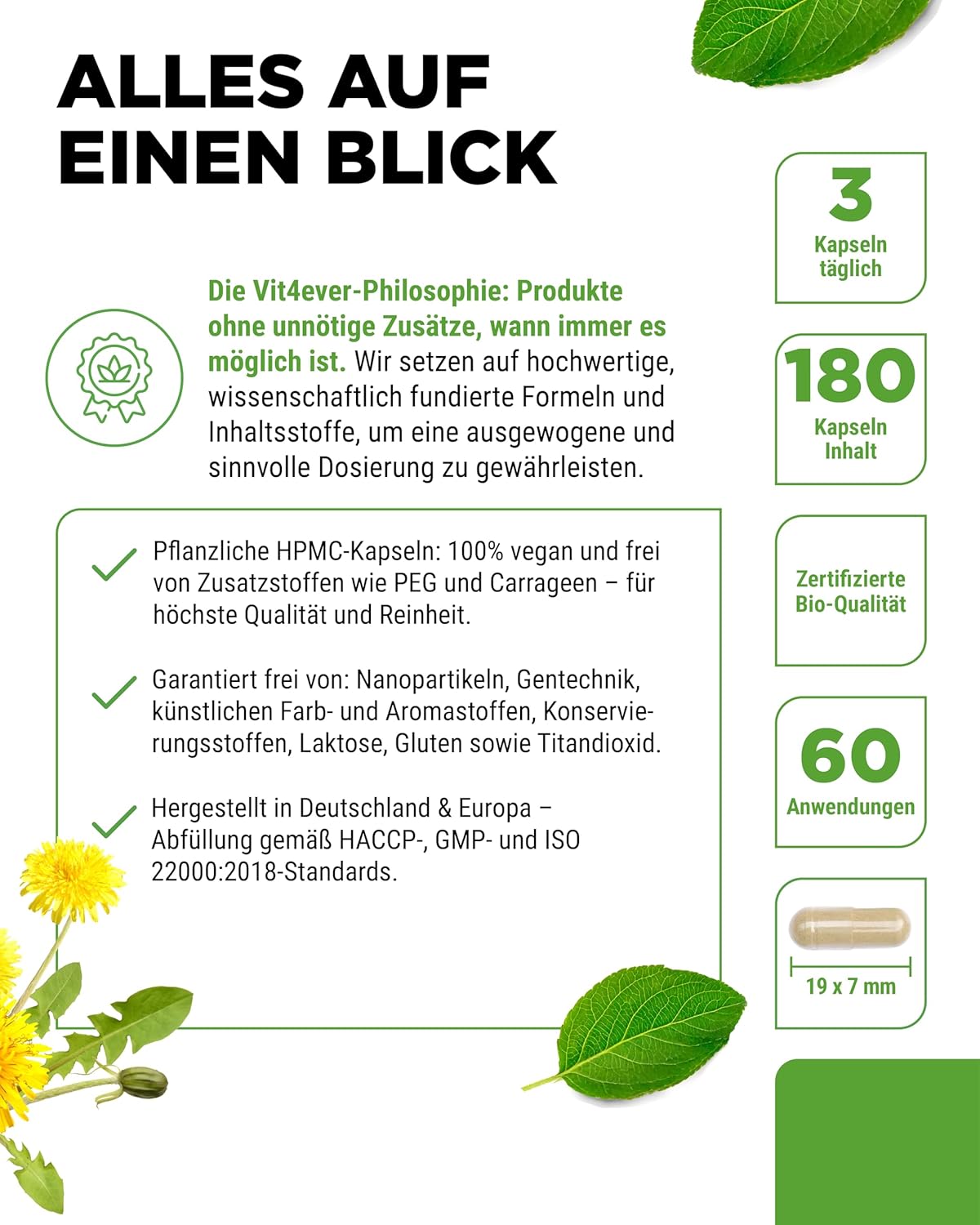 Thumbnail 3 de vit4ever Bio Löwenzahn – 180 Kapseln (1.500 mg Löwenzahnwurzelextrakt, 10:1)
