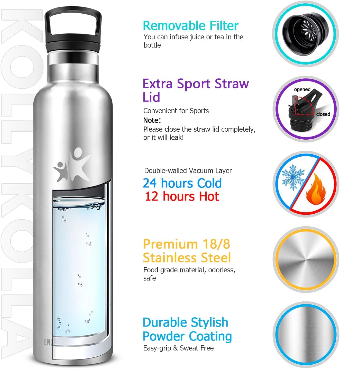 Detalle 2 de KollyKolla Gourde Isotherme 1L – Inox avec paille et 2 capuchons, anti-fuite