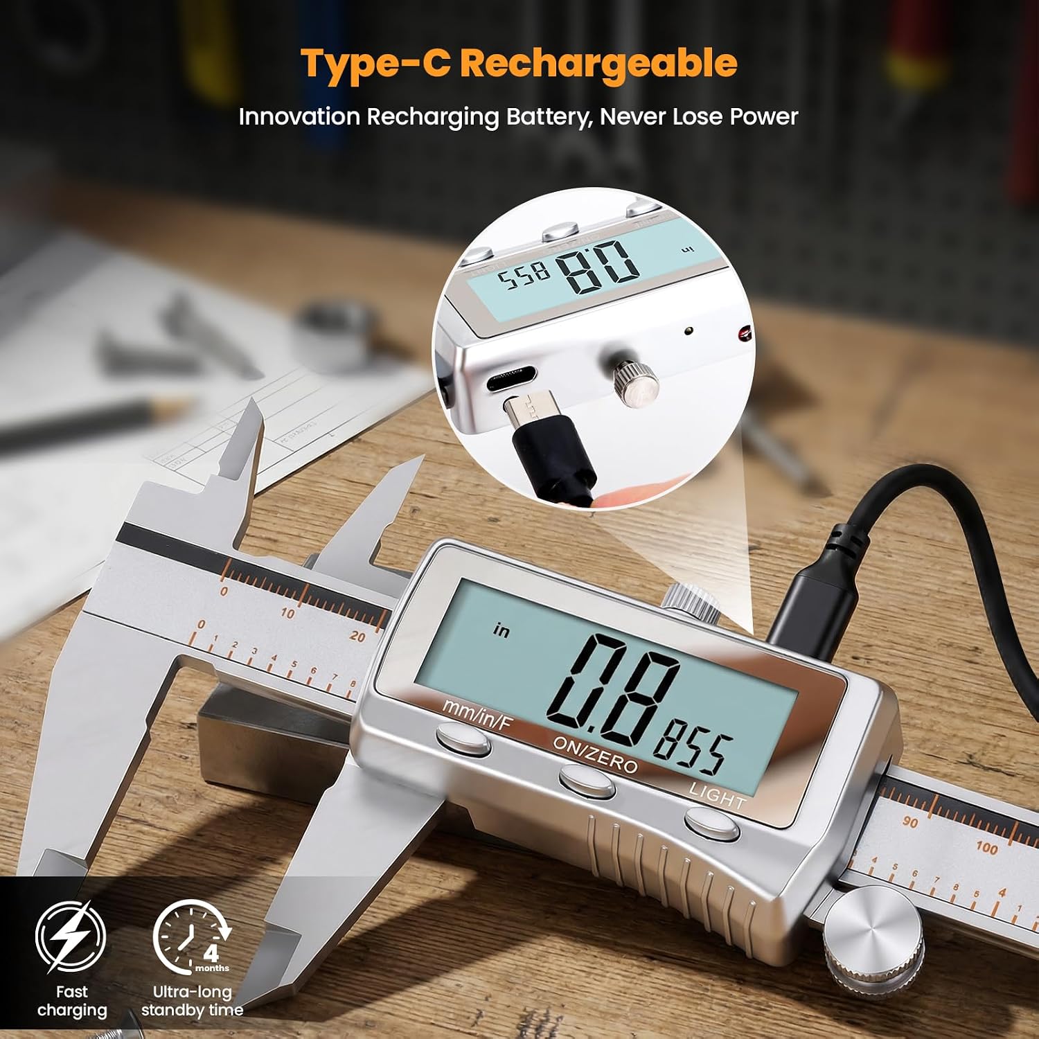 Detalle 2 de HARDELL Rechargeable-150MM Digital Caliper, 6-Inch Metal, USB-C, Backlit