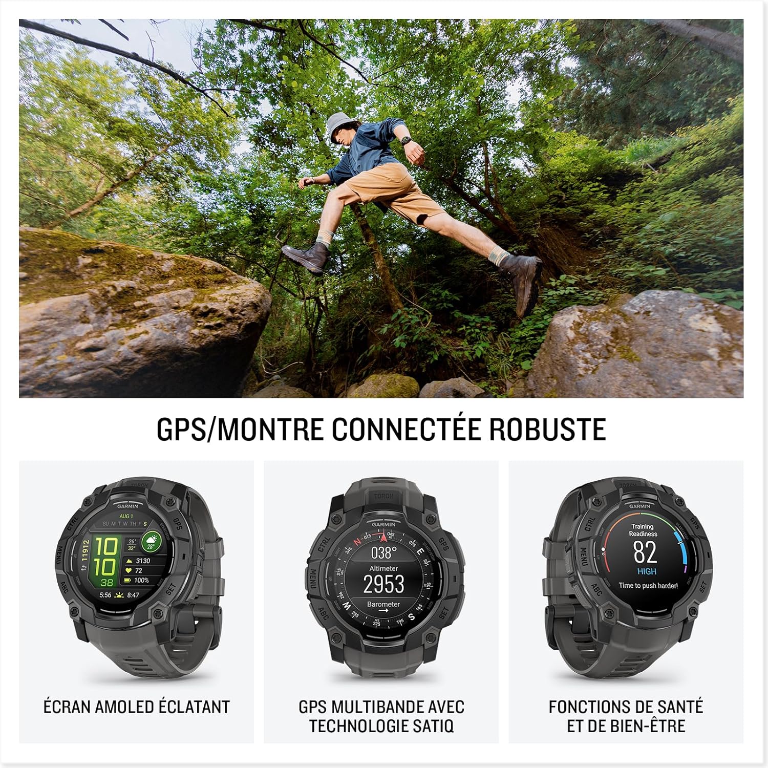 Thumbnail 1 de Garmin Instinct 3 AMOLED 1,3" (GPS multibande) avec bracelet Charcoal – modèle robuste noir