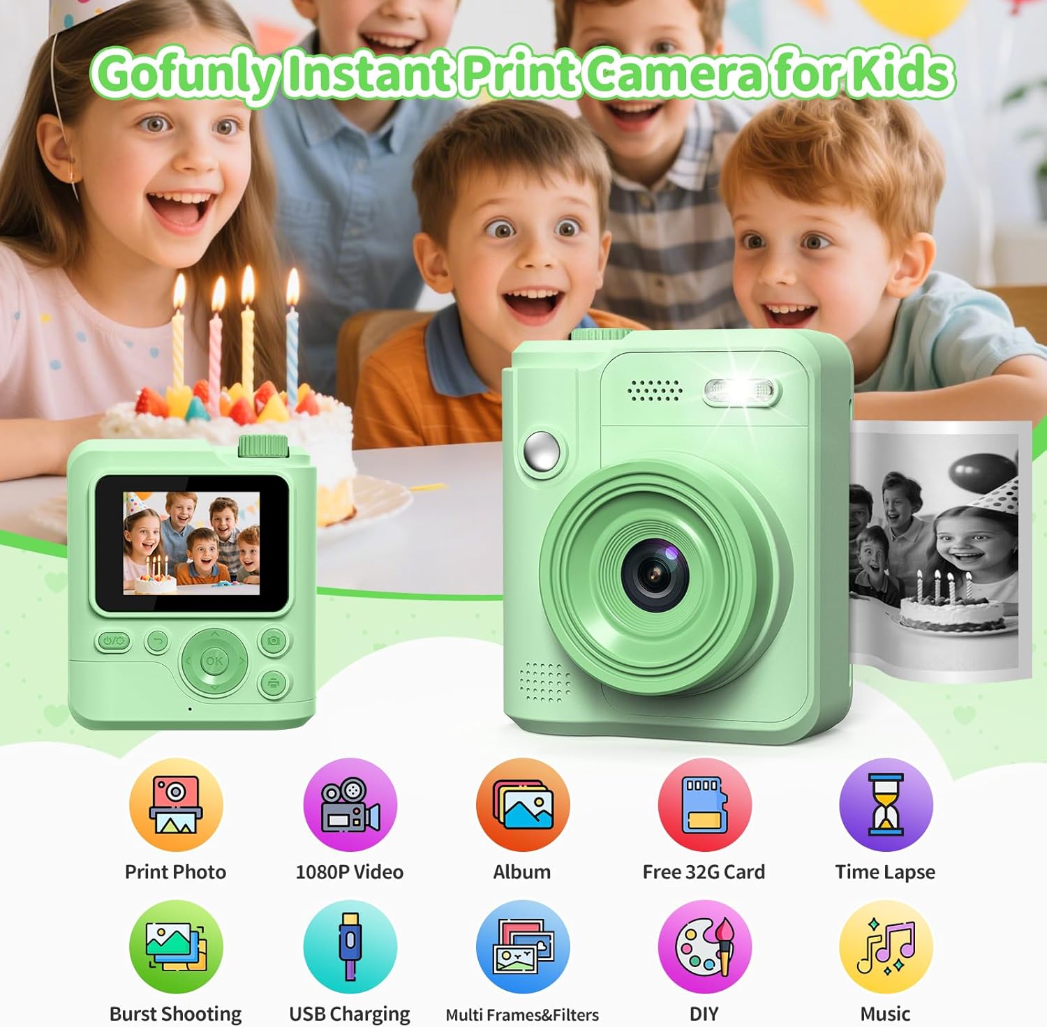 Thumbnail 1 de Gofunly Kids Camera Instant Print (1080P) with 32GB card & 5 print paper rolls – Green