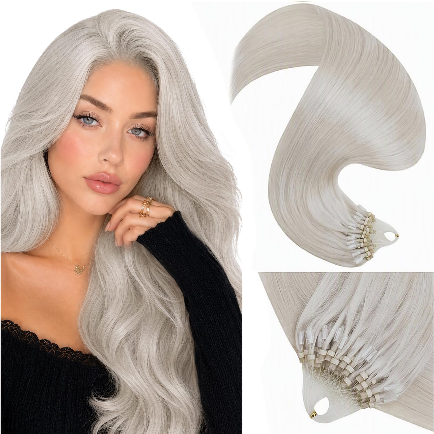 Detalle de LaaVoo Micro Beads Hair Extensions in Platinum Blonde (50g) – 14 to 24 Inch, 50 Strands, Real Human Hair
