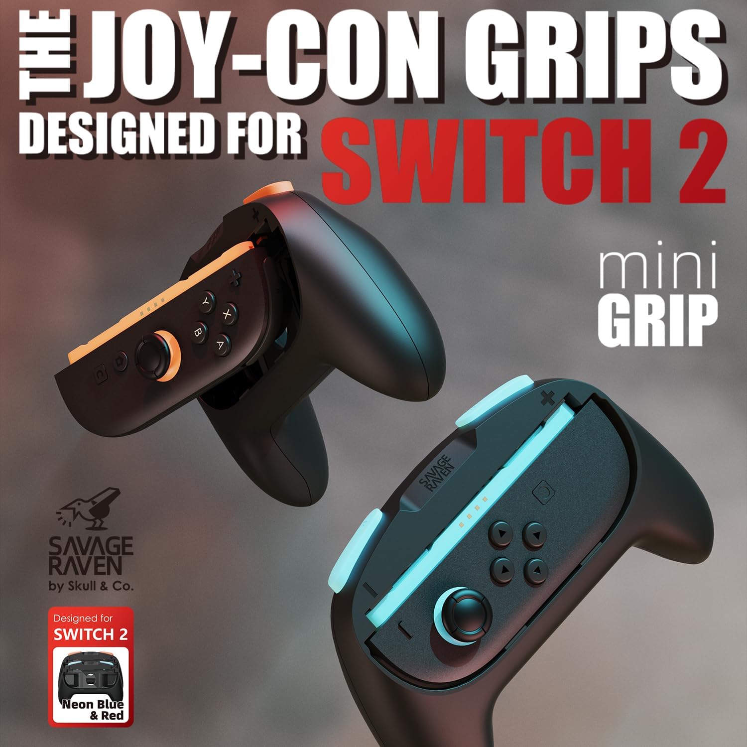 Detalle de SAVAGE RAVEN MiniGrip Hand Grip für Nintendo Switch 2 Joy-Con | Neon Blau & Rot
