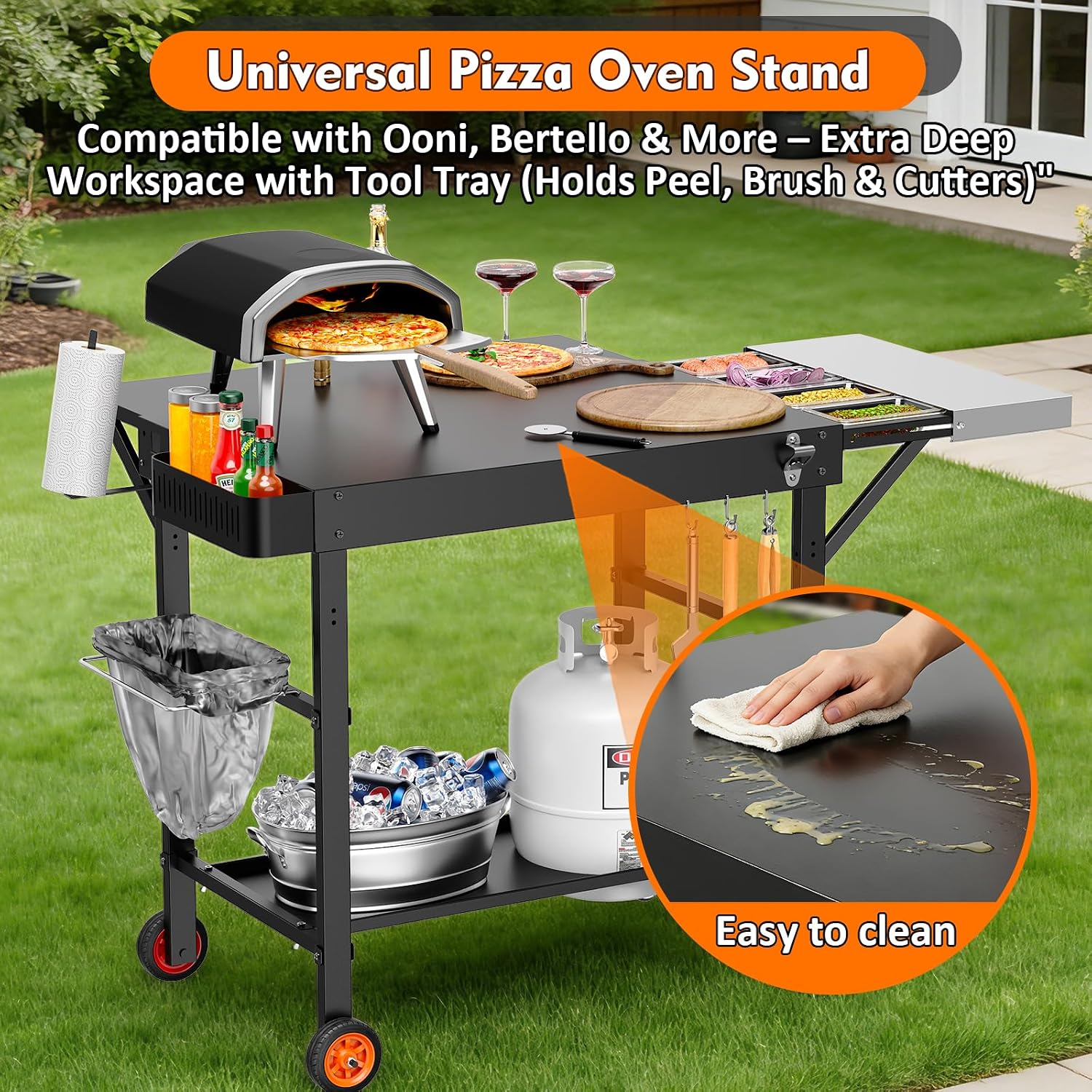 Detalle de EsFrondo Pizza Oven Table, Wheeled Grill Cart with 28.8-Inch Prep Surface