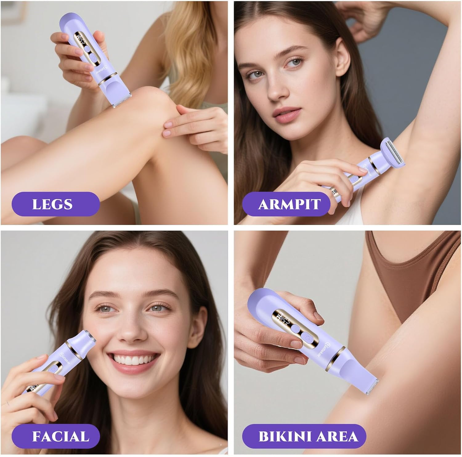 Detalle de 4-in-1 Lady Shaver Women Electric Razor Body Trimmer – IPX7 Waterproof, 4 Head Kit (Purple)